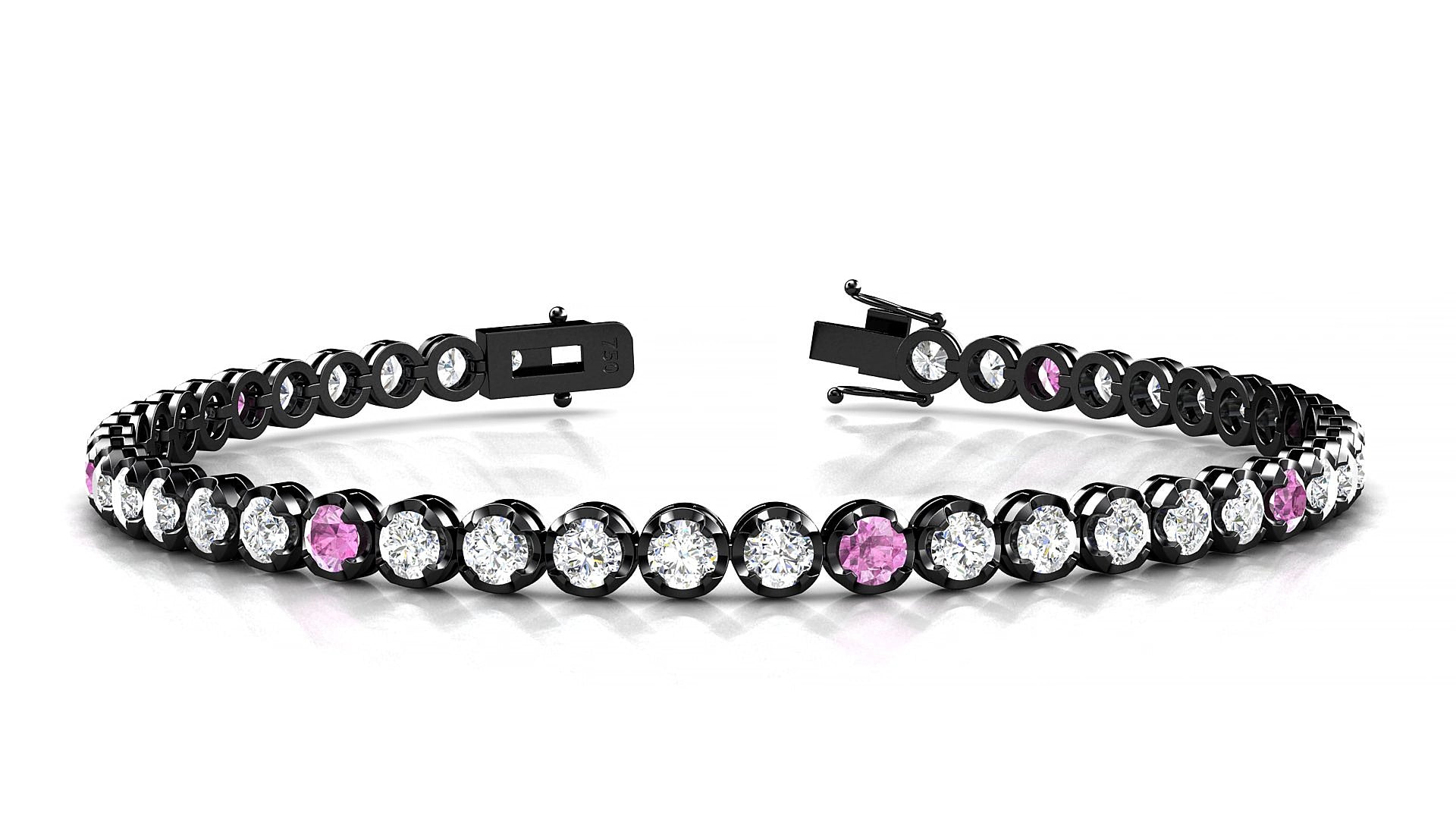 Bengal 1-5 | 18k Black Gold 3 mm Round Natural Pink Sapphire & Diamond 19 cm Tennis Bracelet