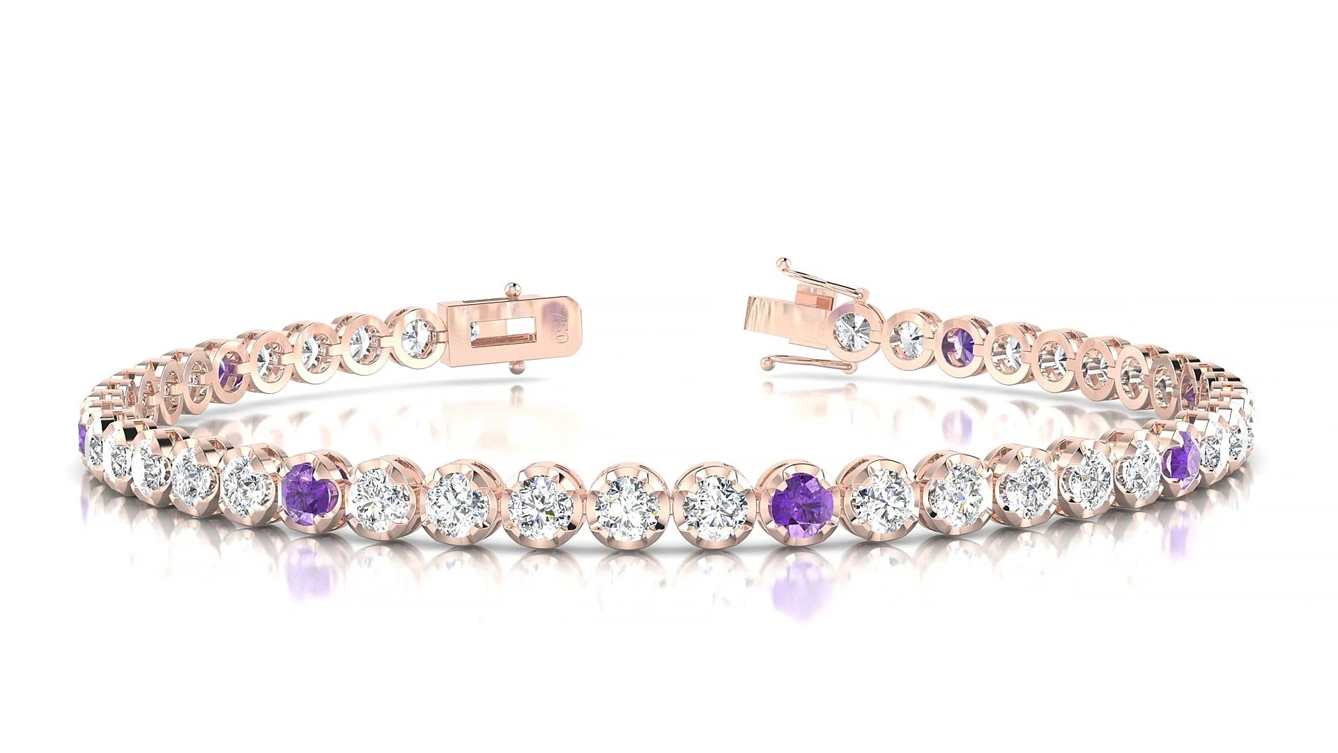 Bengal 1-5 | 18k Rose Gold 3 mm Round Natural Amethyst & Diamond Tennis Bracelet