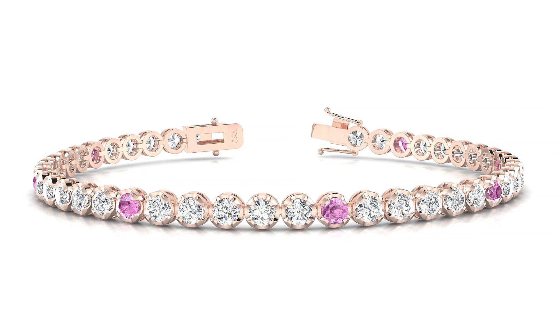 Bengal 1-5 | 18k Rose Gold 3 mm Round Natural Pink Sapphire & Diamond 17 cm Tennis Bracelet