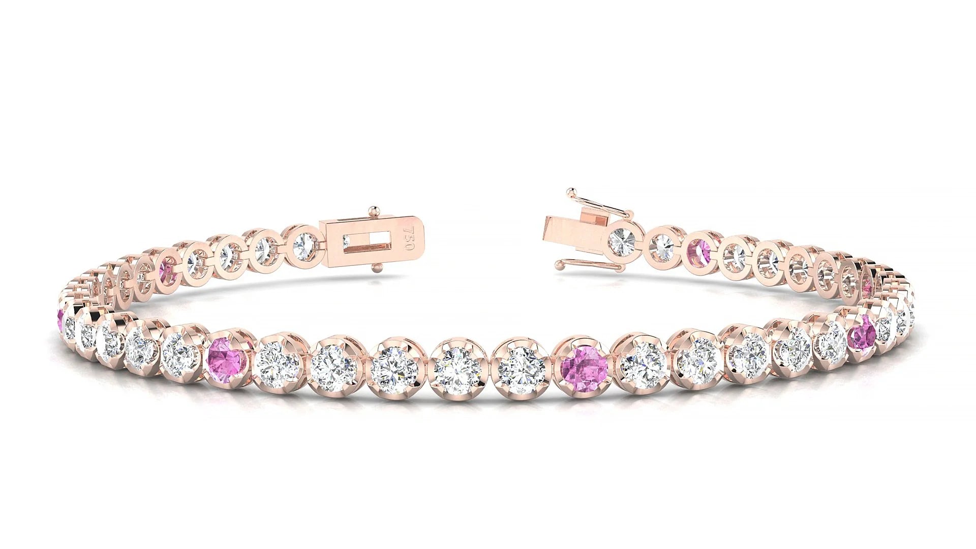 Bengal 1-5 | 18k Rose Gold 3 mm Round Natural Pink Sapphire & Diamond Tennis Bracelet