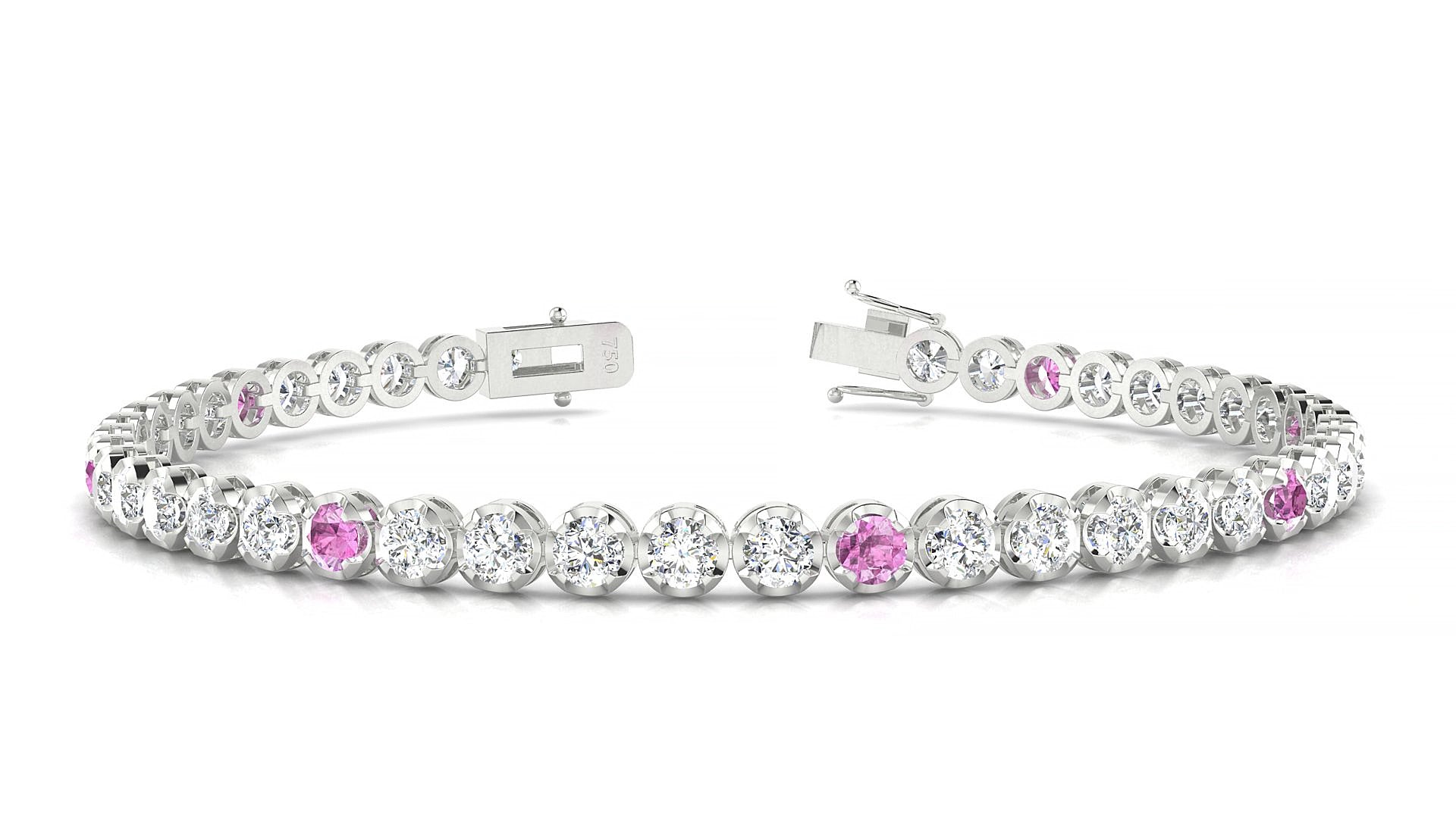 Bengal 1-5 | 18k White Gold 3 mm Round Natural Pink Sapphire & Diamond 16 cm Tennis Bracelet