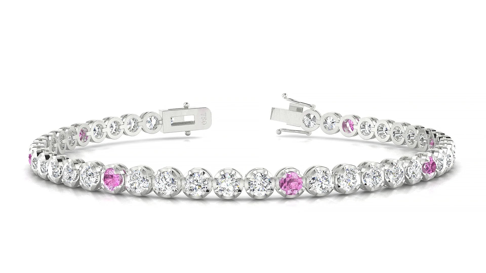 Bengal 1-5 | 18k White Gold 3 mm Round Natural Pink Sapphire & Diamond Tennis Bracelet