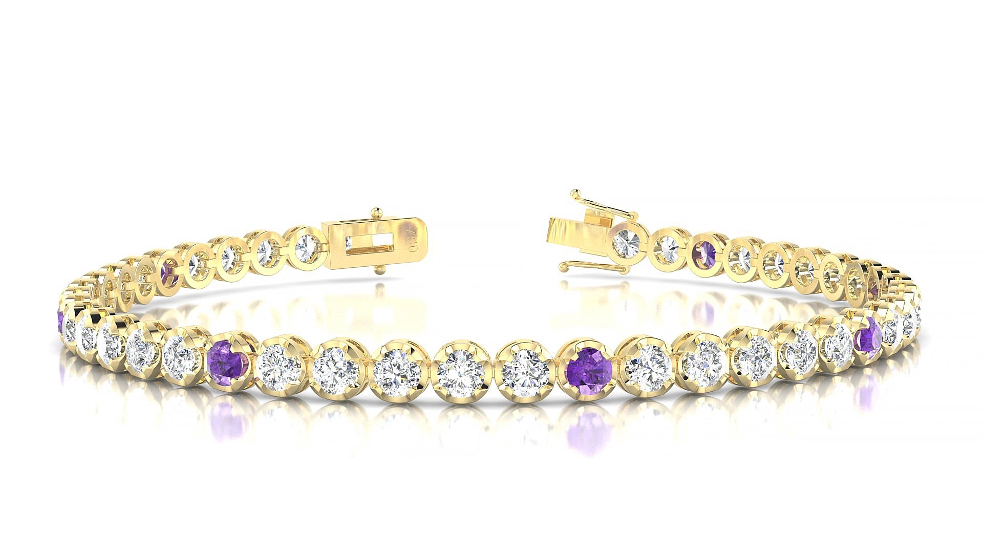 Bengal 1-5 | 18k Yellow Gold 3 mm Round Natural Amethyst & Diamond 15 cm Tennis Bracelet