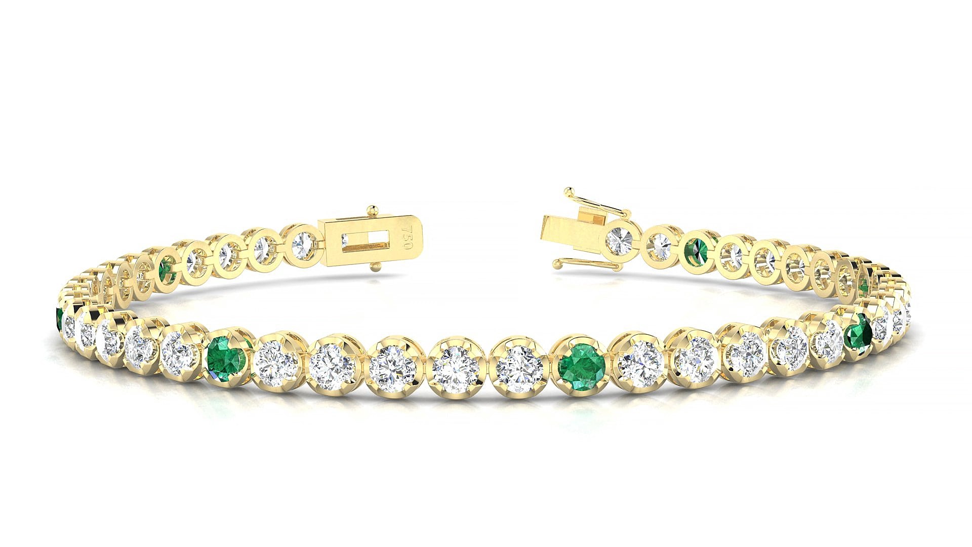 Bengal 1-5 | 18k Yellow Gold 3 mm Round Natural Emerald & Diamond 15 cm Tennis Bracelet