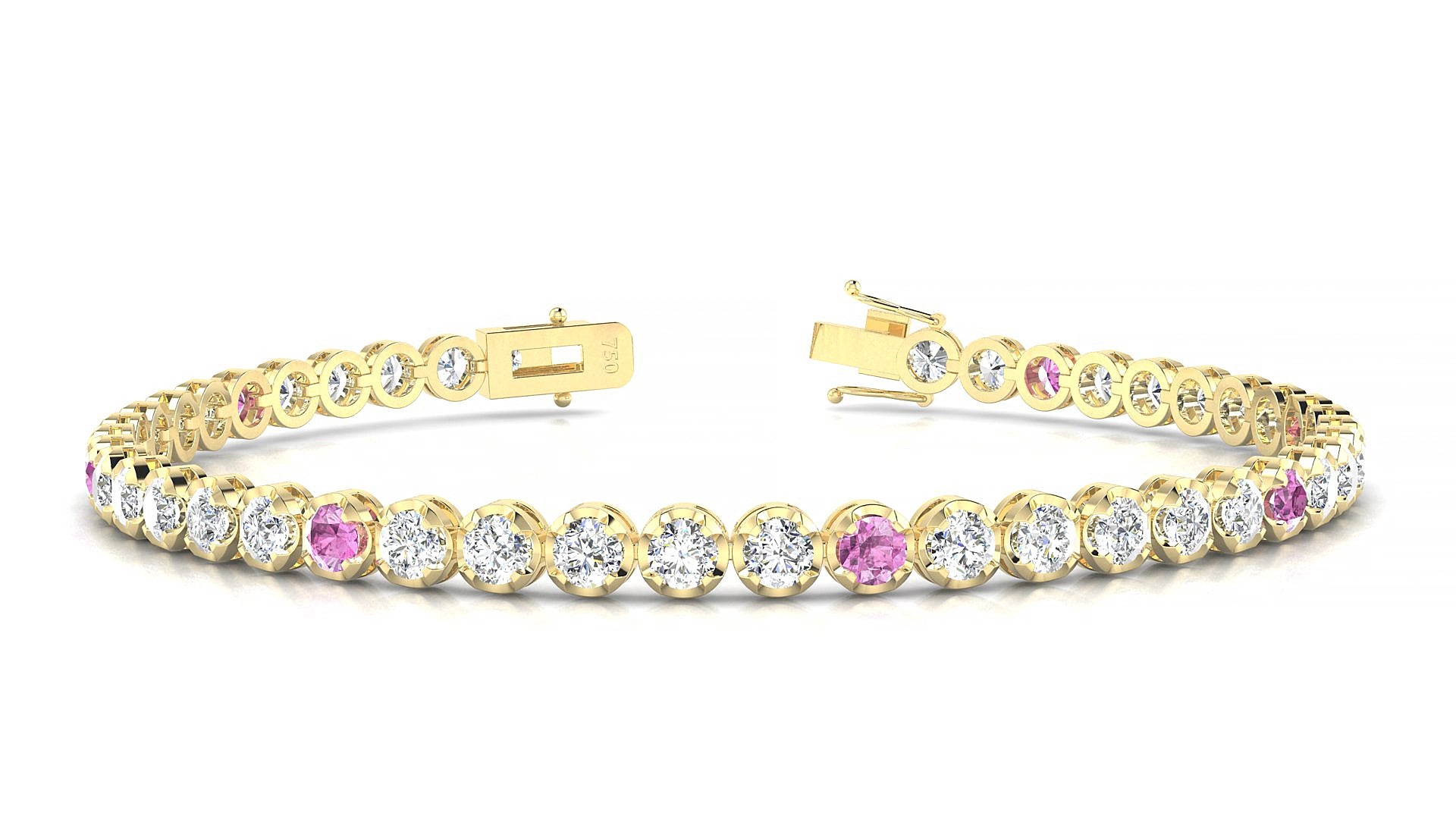 Bengal 1-5 | 18k Yellow Gold 3 mm Round Natural Pink Sapphire & Diamond 15 cm Tennis Bracelet