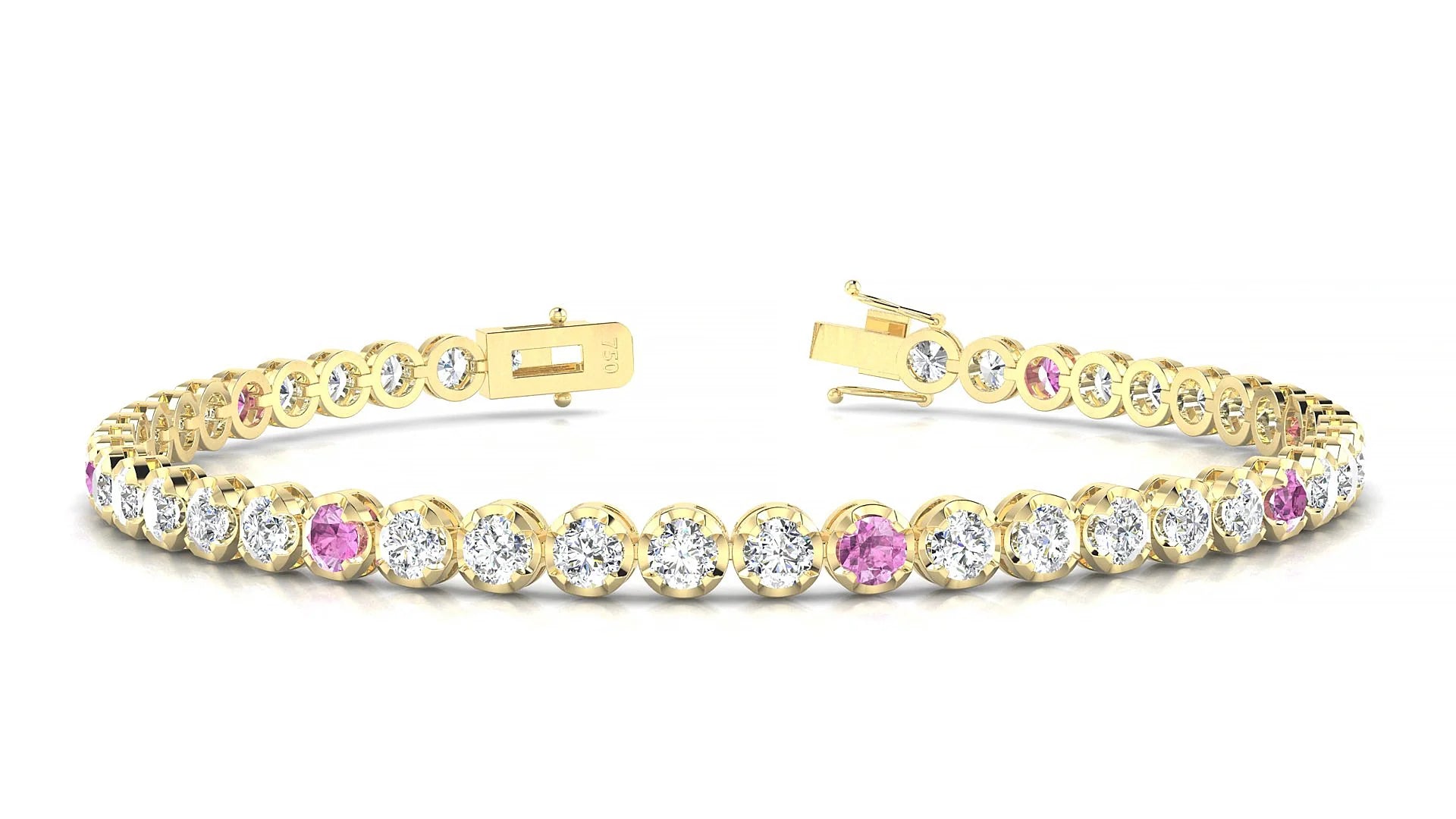 Bengal 1-5 | 18k Yellow Gold 3 mm Round Natural Pink Sapphire & Diamond Tennis Bracelet