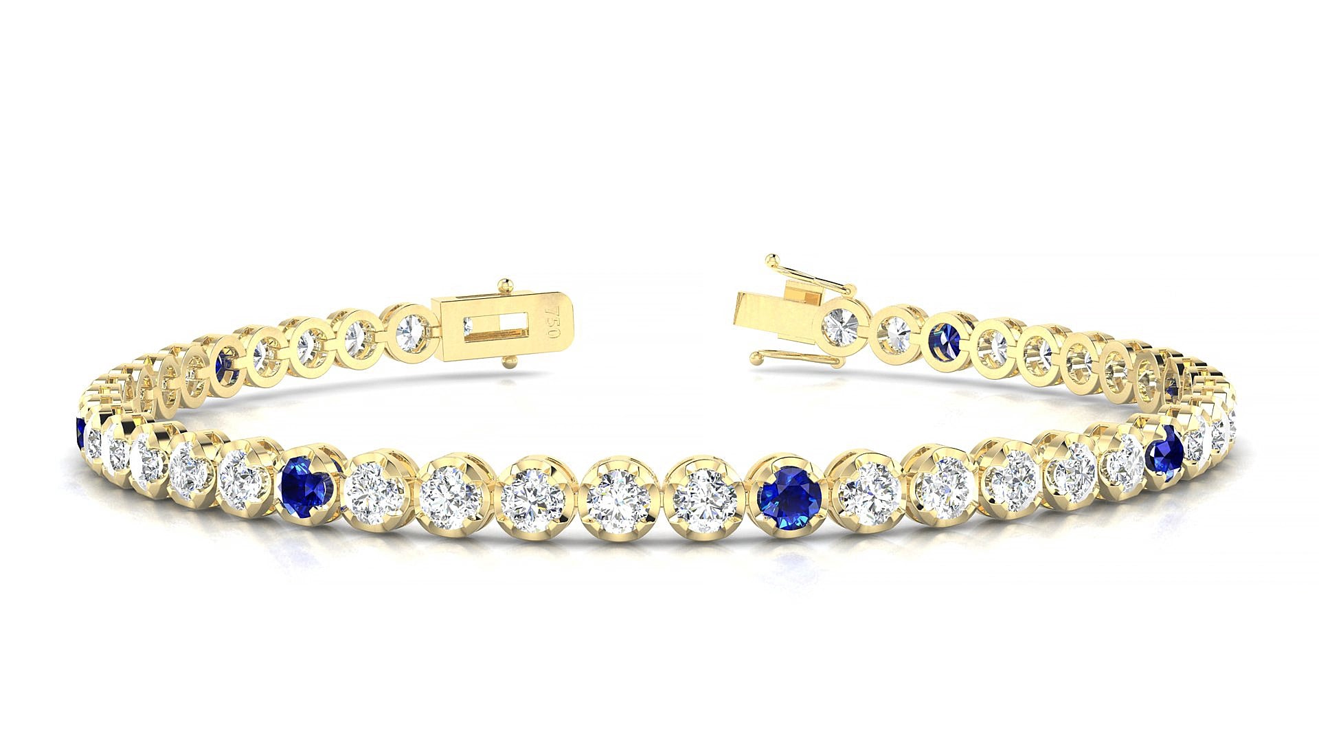 Bengal 1-5 | 18k Yellow Gold 3 mm Round Natural Sapphire & Diamond 15 cm Tennis Bracelet