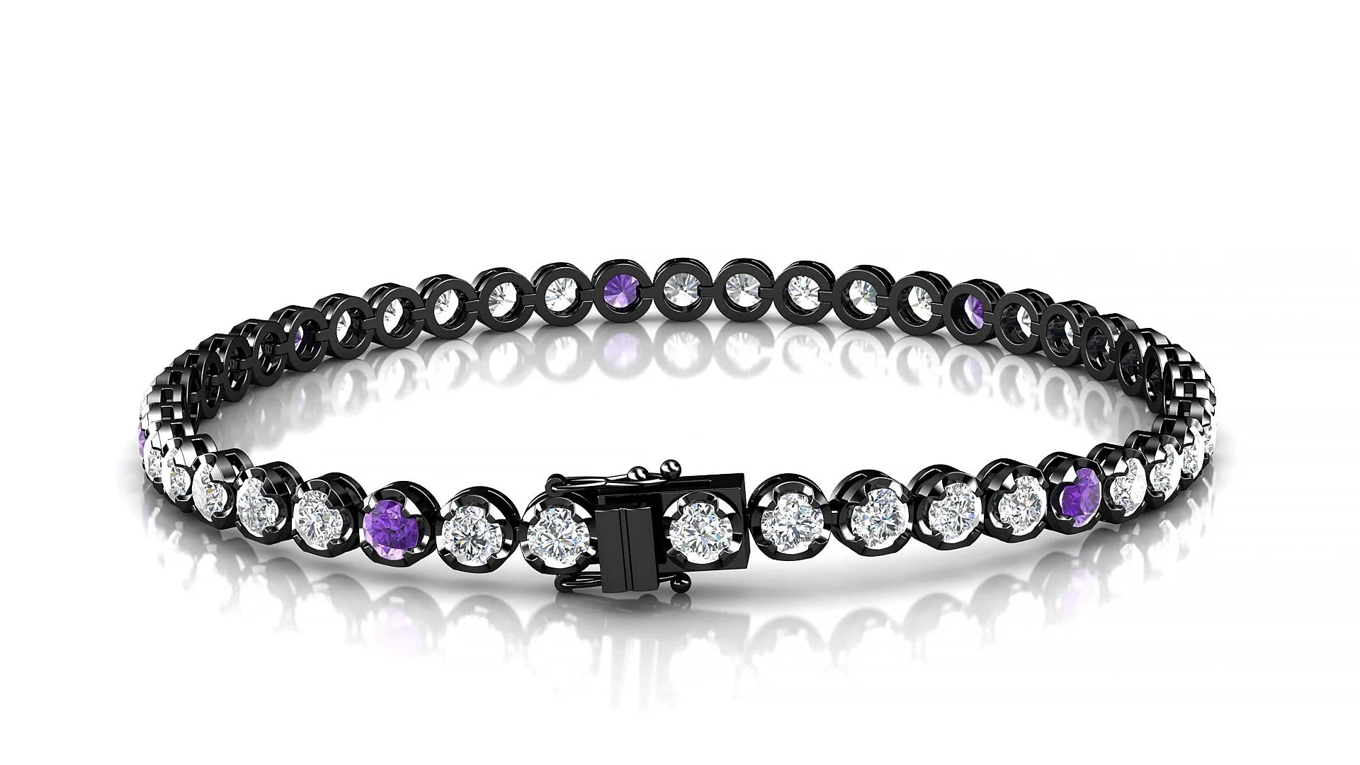 Bengal 1-5 | 18k Black Gold 3 mm Round Natural Amethyst & Diamond Tennis Bracelet