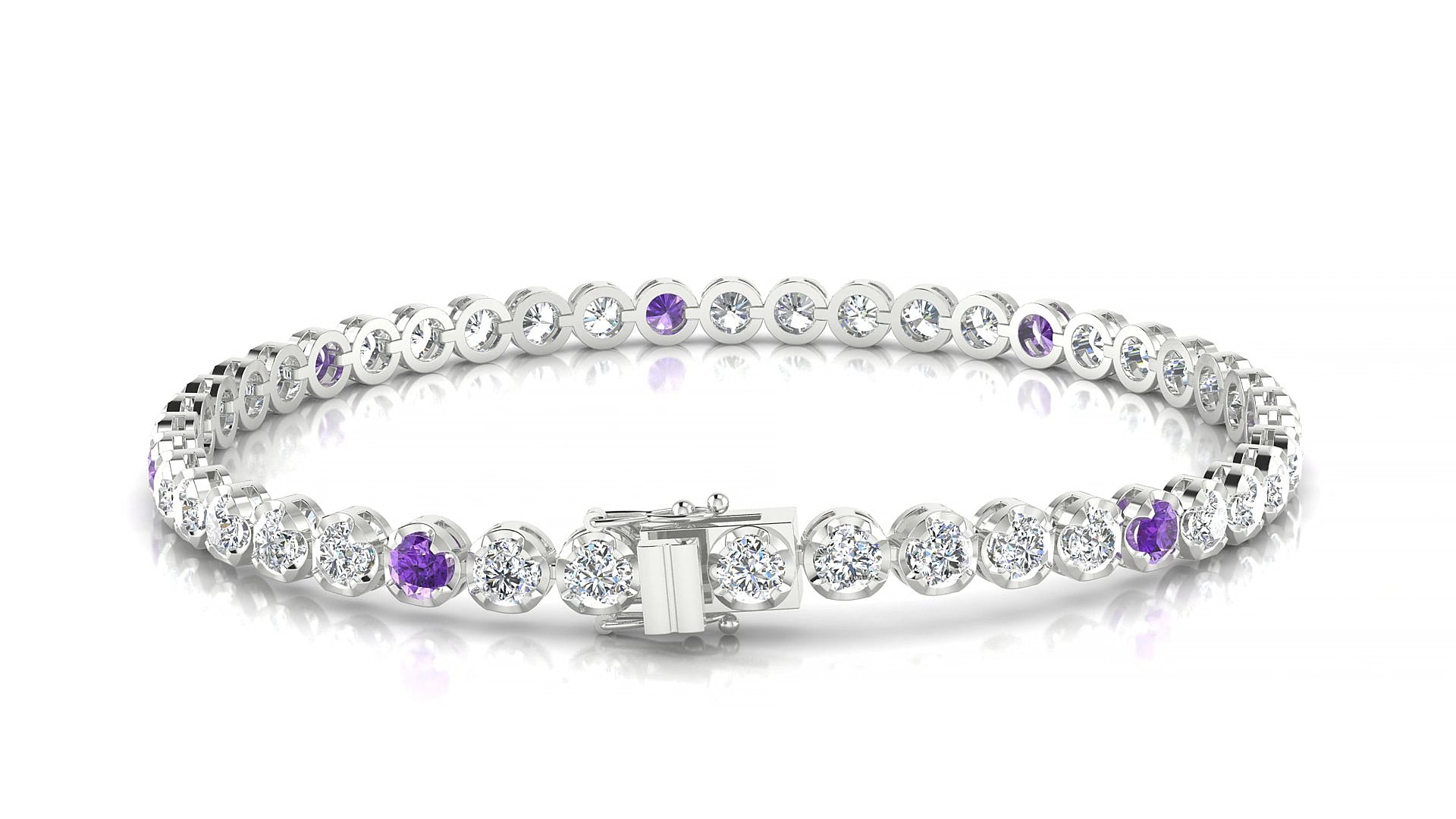 Bengal 1-5 | 18k White Gold 3 mm Round Natural Amethyst & Diamond 15 cm Tennis Bracelet