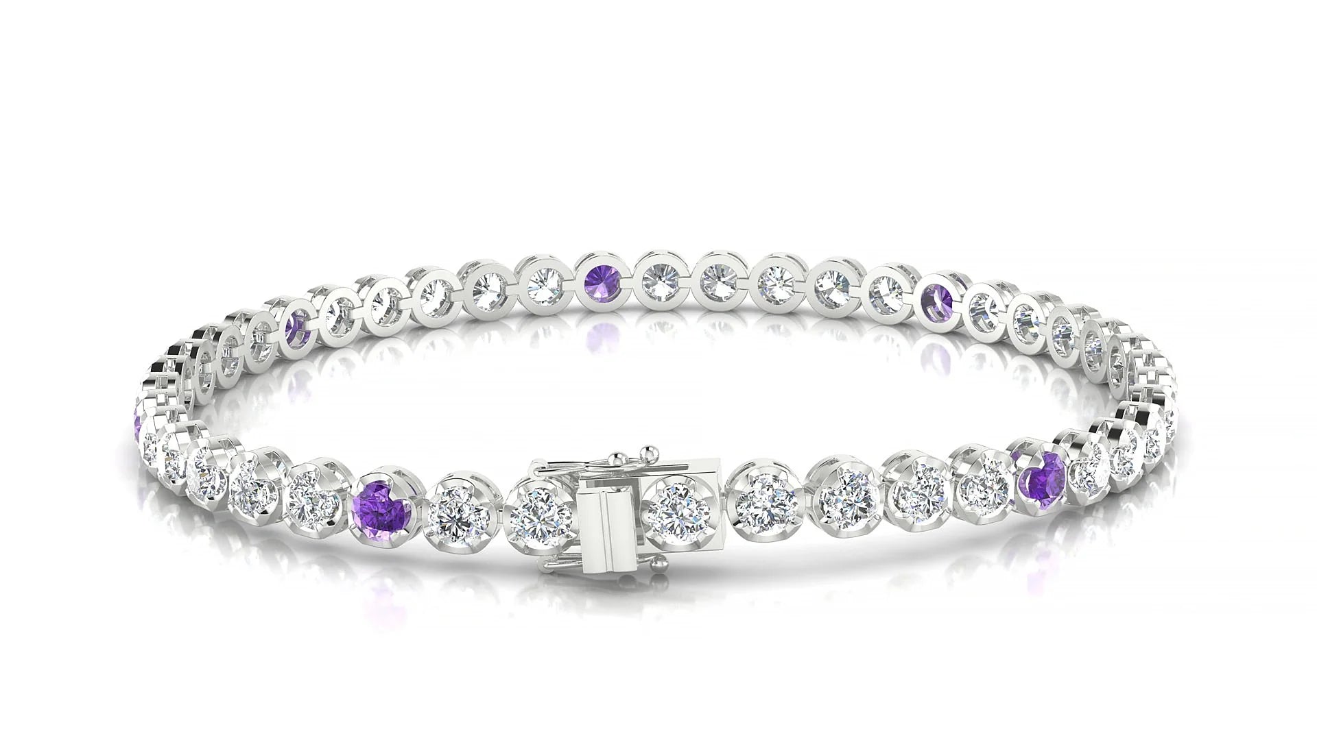 Bengal 1-5 | 18k White Gold 3 mm Round Natural Amethyst & Diamond Tennis Bracelet