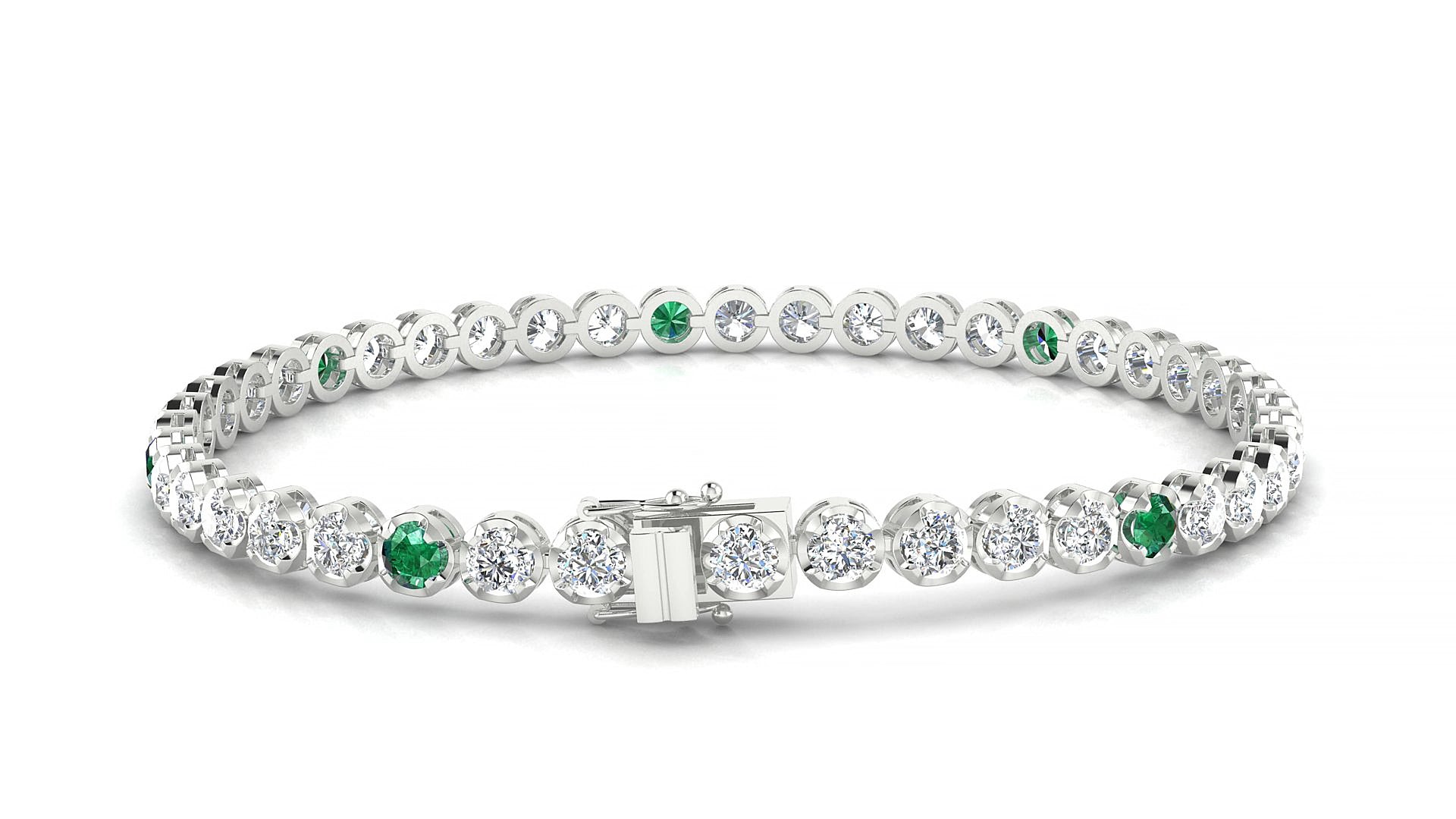 Bengal 1-5 | 18k White Gold 3 mm Round Natural Emerald & Diamond 15 cm Tennis Bracelet