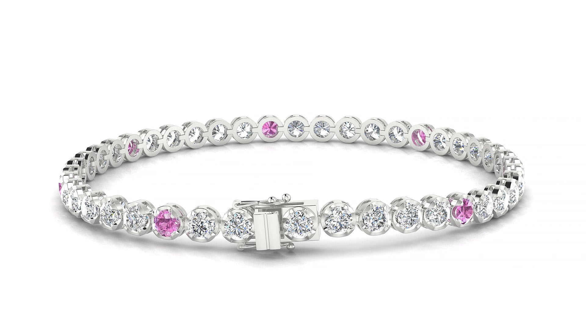 Bengal 1-5 | 18k White Gold 3 mm Round Natural Pink Sapphire & Diamond 15 cm Tennis Bracelet