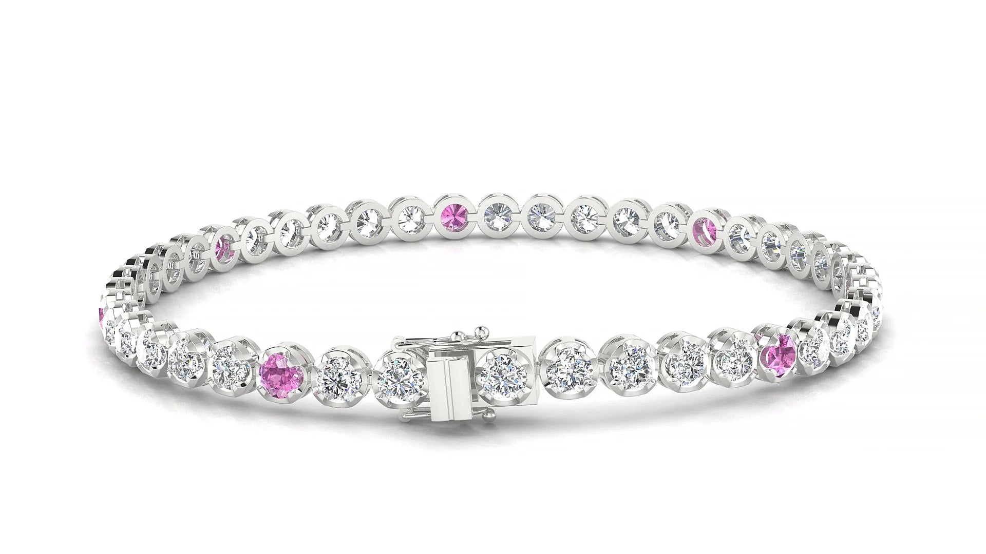 Bengal 1-5 | 18k White Gold 3 mm Round Natural Pink Sapphire & Diamond Tennis Bracelet