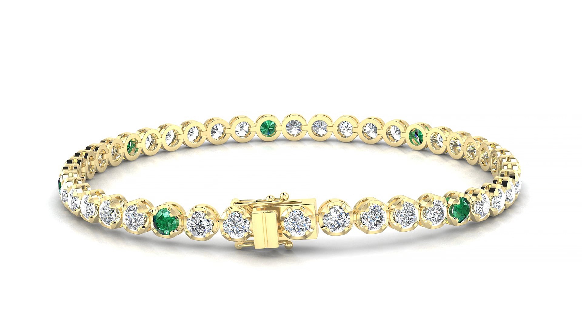 Bengal 1-5 | 18k Yellow Gold 3 mm Round Natural Emerald & Diamond 15 cm Tennis Bracelet