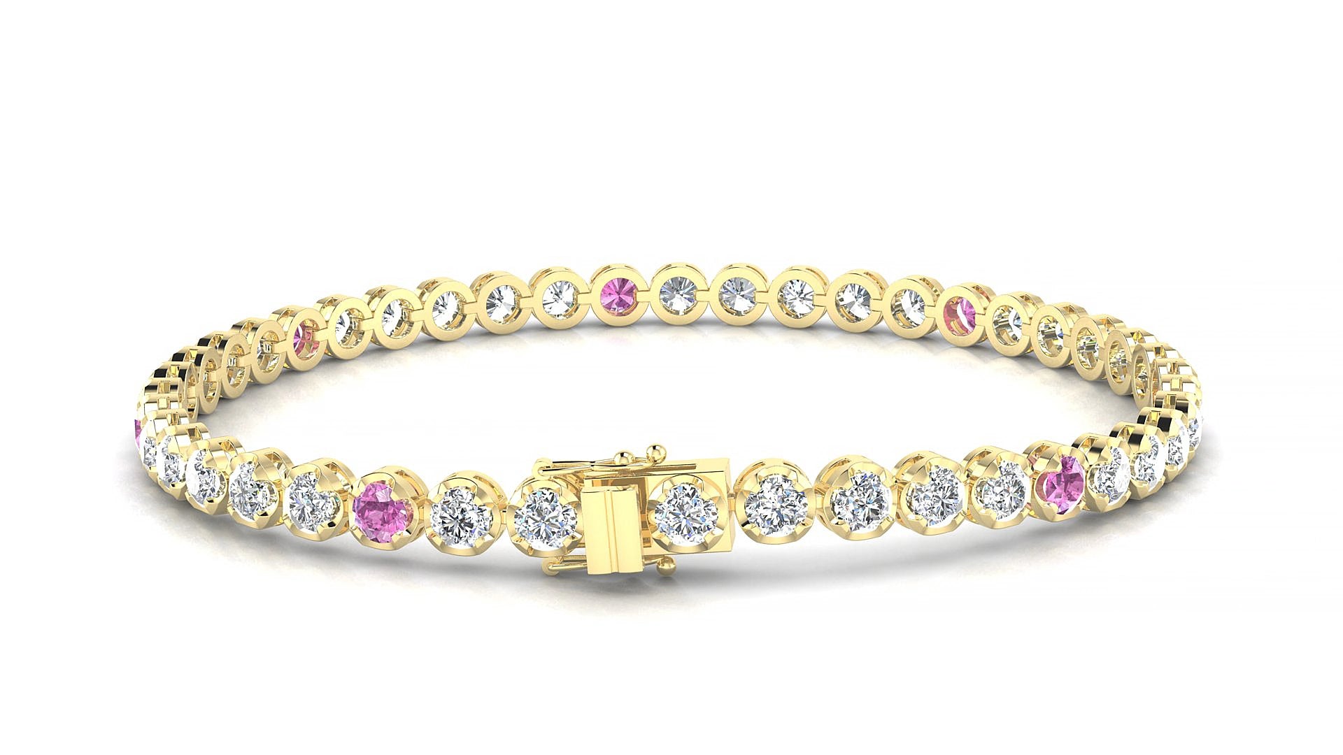 Bengal 1-5 | 18k Yellow Gold 3 mm Round Natural Pink Sapphire & Diamond 19 cm Tennis Bracelet