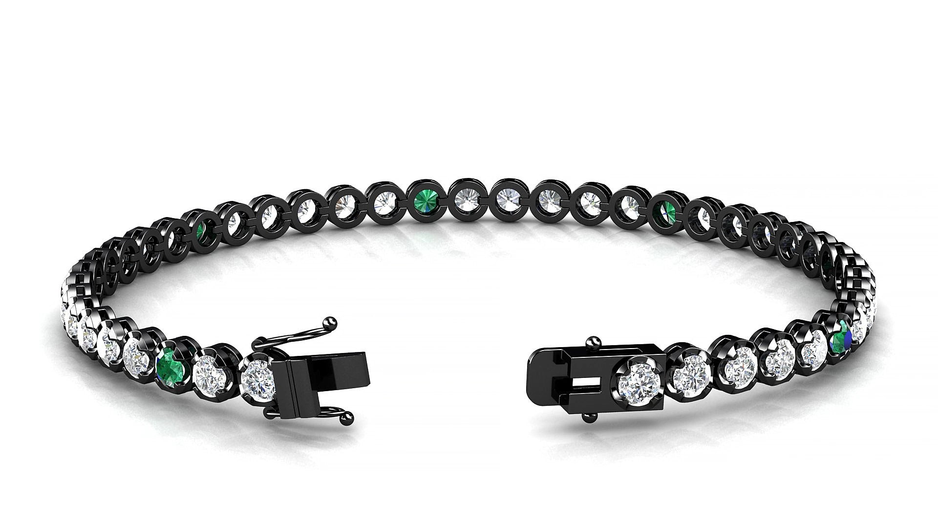 Bengal 1-5 | 18k Black Gold 3 mm Round Natural Emerald & Diamond 16 cm Tennis Bracelet
