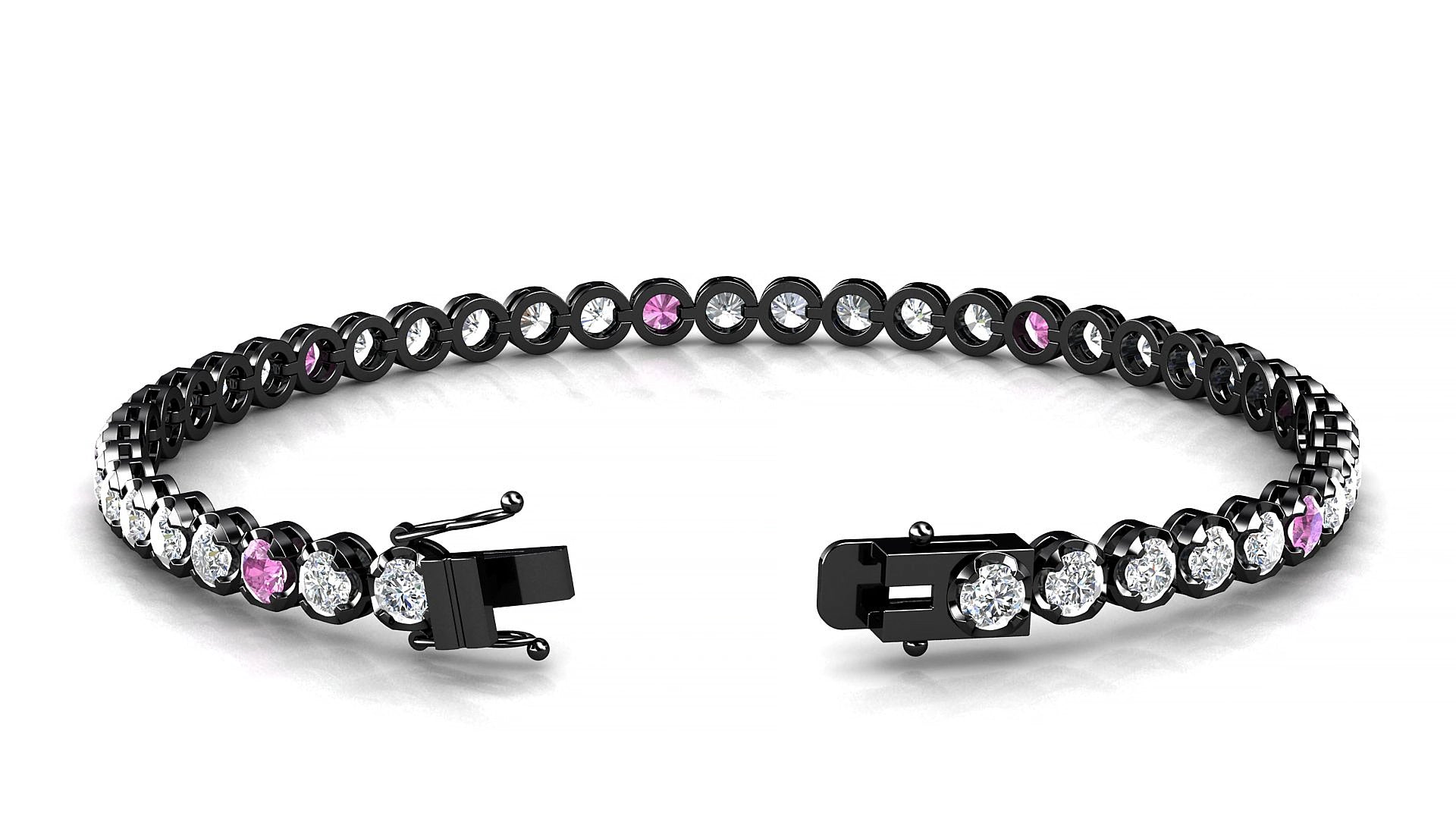 Bengal 1-5 | 18k Black Gold 3 mm Round Natural Pink Sapphire & Diamond 19 cm Tennis Bracelet