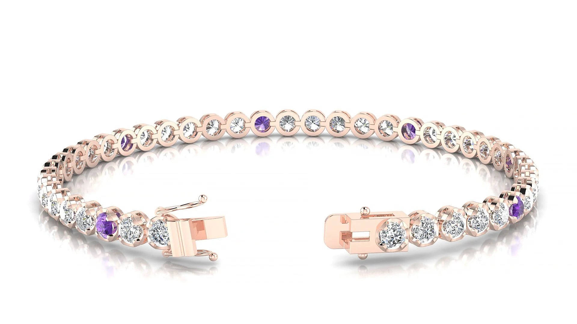 Bengal 1-5 | 18k Rose Gold 3 mm Round Natural Amethyst & Diamond Tennis Bracelet