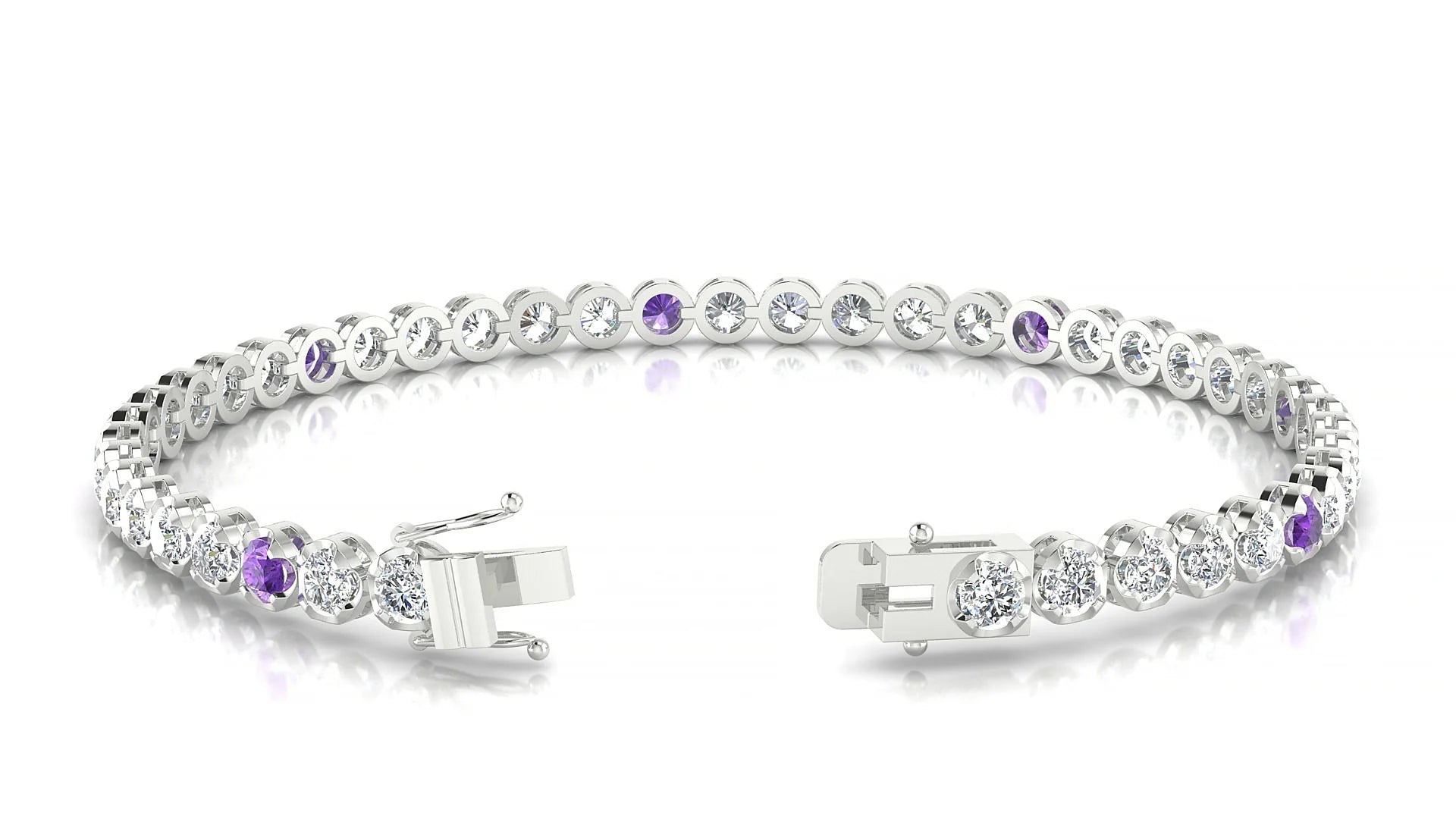 Bengal 1-5 | 18k White Gold 3 mm Round Natural Amethyst & Diamond Tennis Bracelet