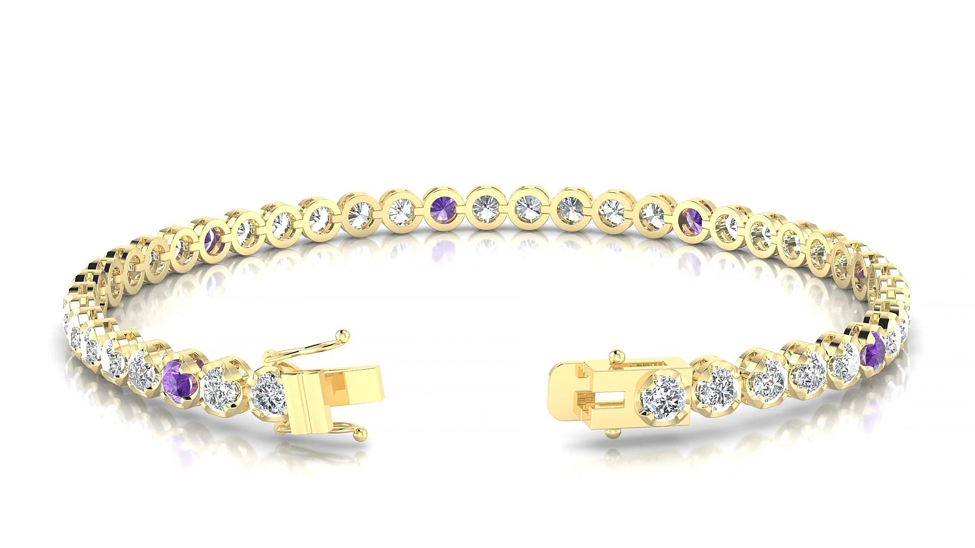 Bengal 1-5 | 18k Yellow Gold 3 mm Round Natural Amethyst & Diamond Tennis Bracelet