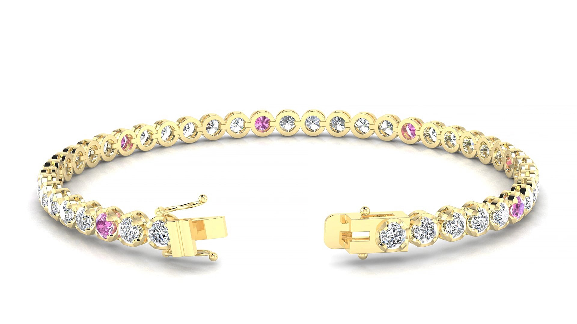 Bengal 1-5 | 18k Yellow Gold 3 mm Round Natural Pink Sapphire & Diamond 19 cm Tennis Bracelet