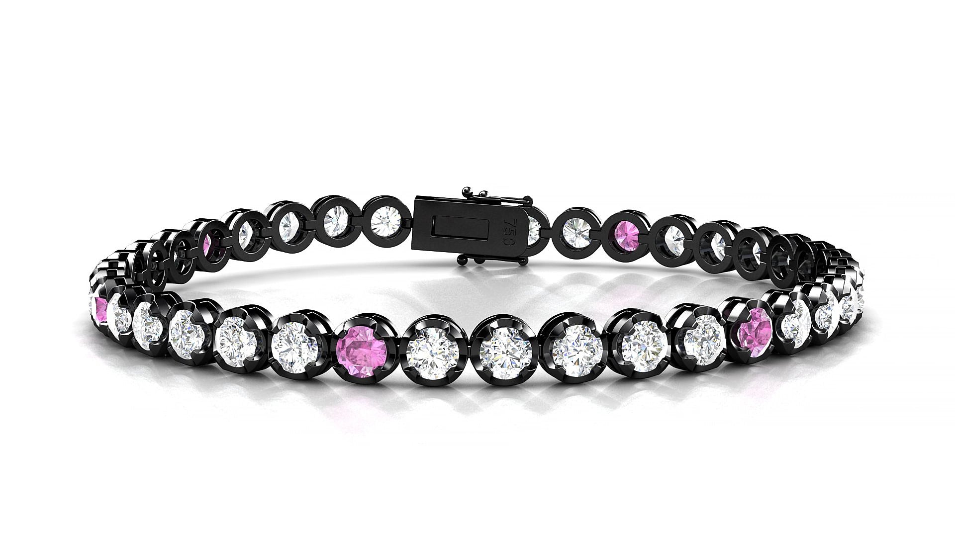 Bengal 1-5 | 18k Black Gold 3.4 mm Round Natural Pink Sapphire & Diamond 15 cm Tennis Bracelet