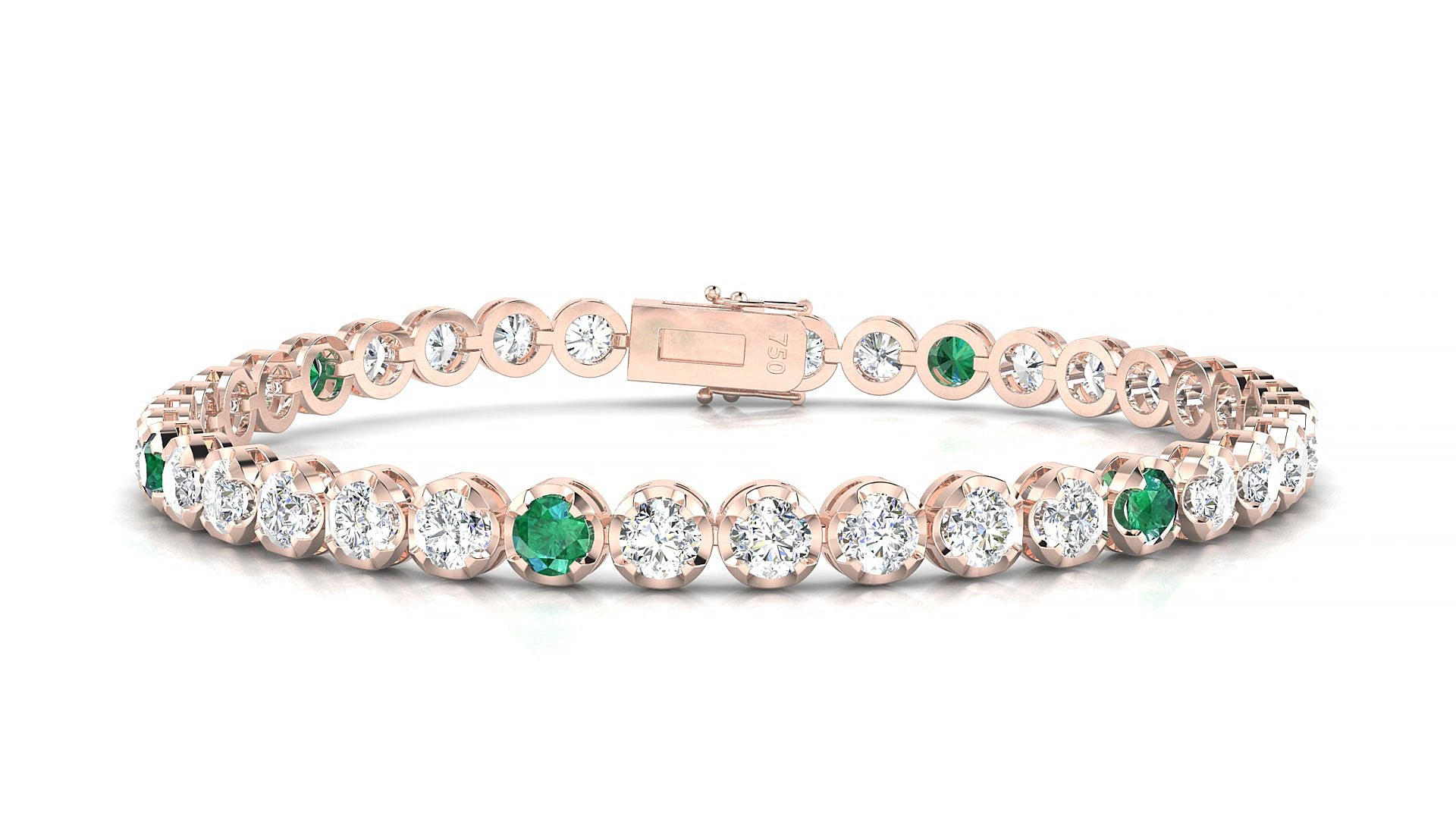 Bengal 1-5 | 18k Rose Gold 3.4 mm Round Natural Emerald & Diamond 15 cm Tennis Bracelet
