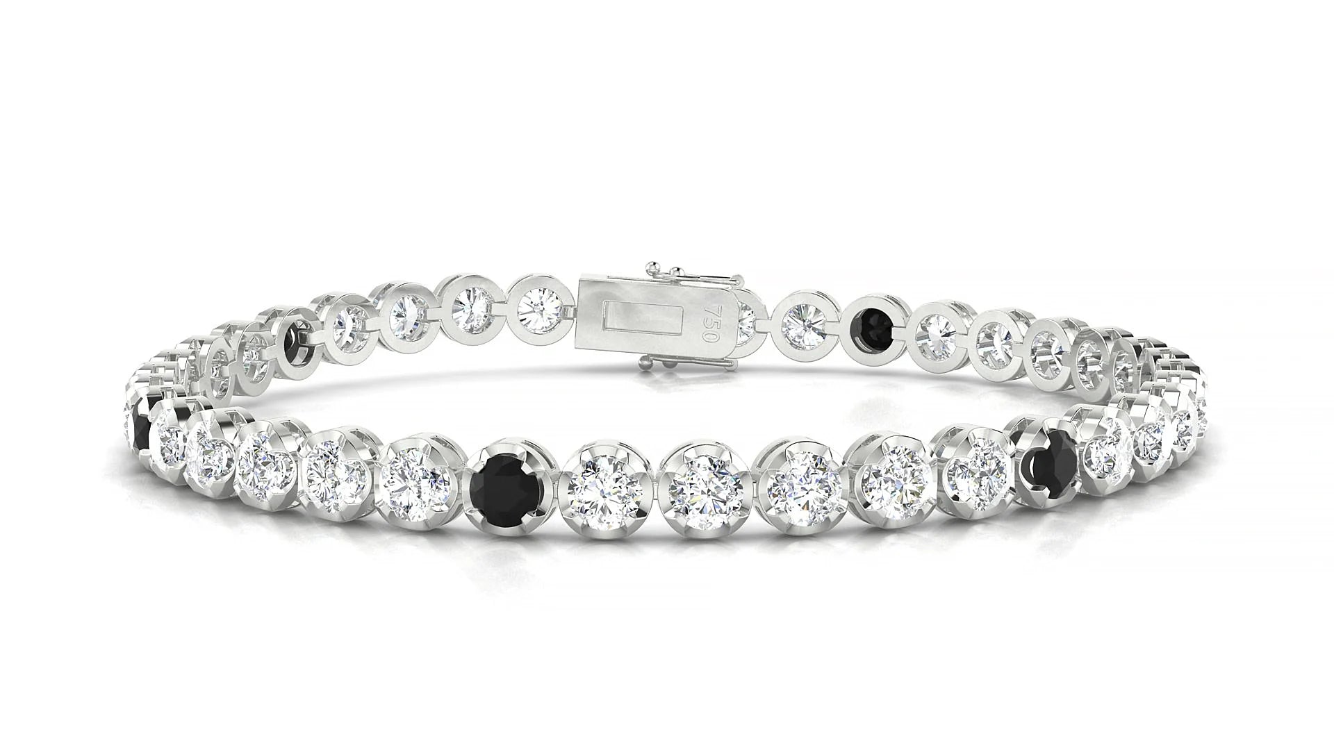 Bengal 1-5 | 18k White Gold 3.4 mm Round Natural Black Diamond & Diamond Tennis Bracelet