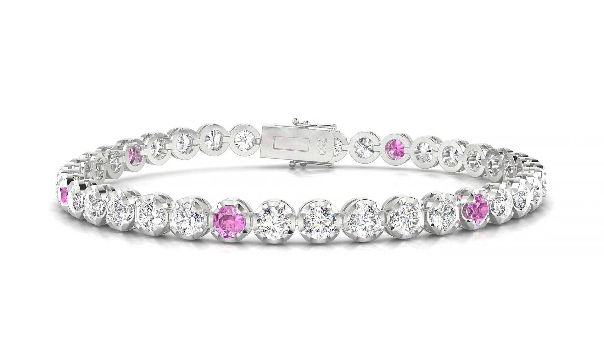 Bengal 1-5 | 18k White Gold 3.4 mm Round Natural Pink Sapphire & Diamond 15 cm Tennis Bracelet