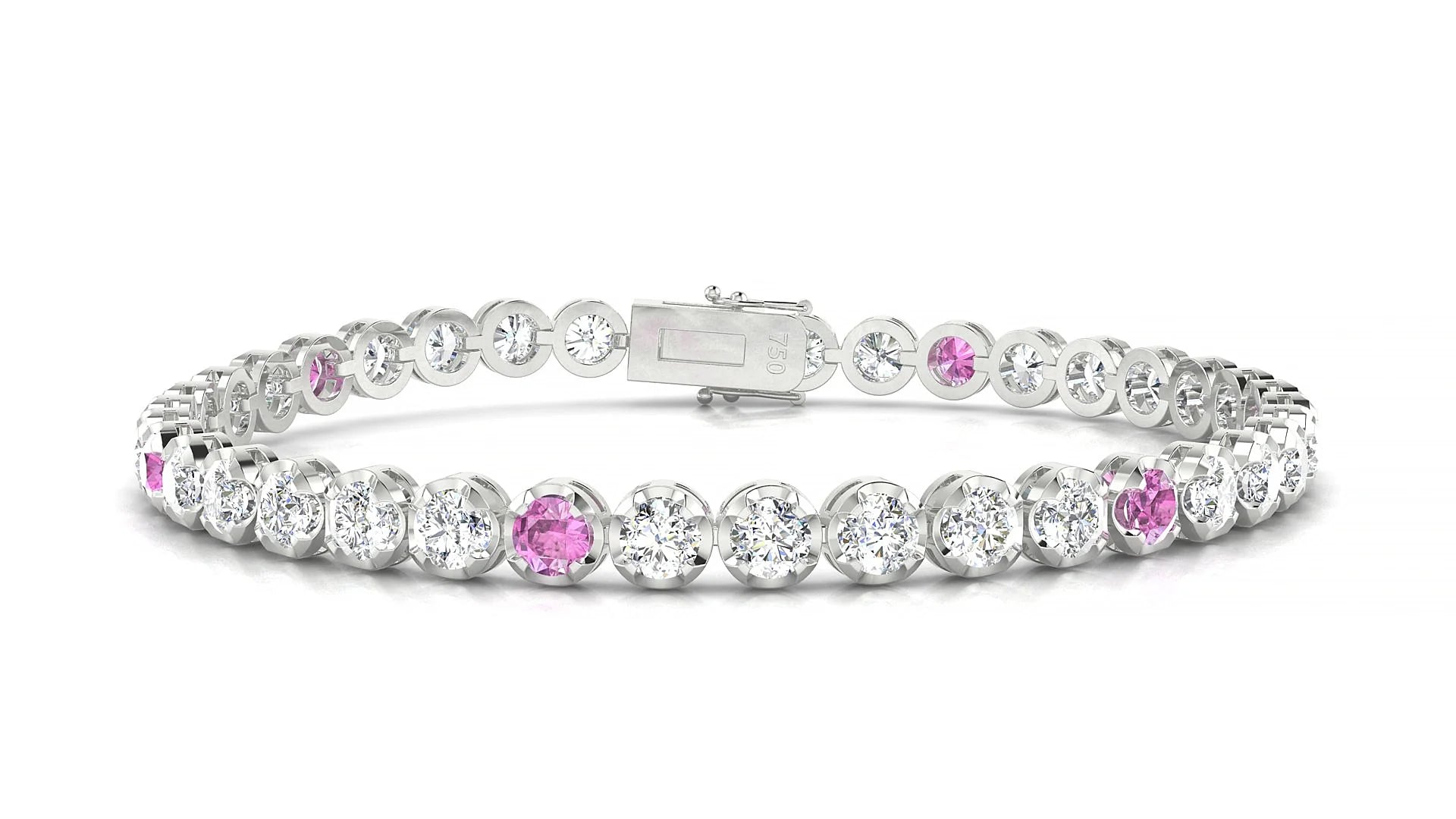 Bengal 1-5 | 18k White Gold 3.4 mm Round Natural Pink Sapphire & Diamond Tennis Bracelet