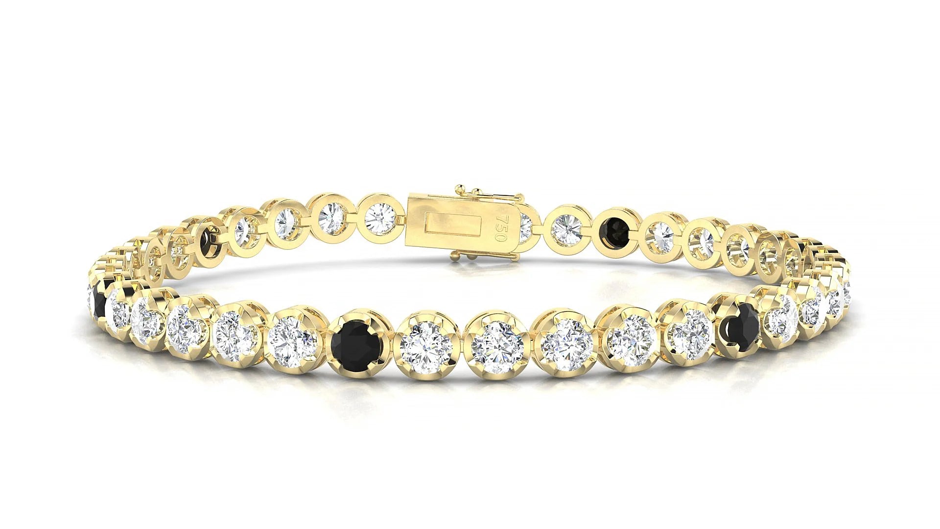 Bengal 1-5 | 18k Yellow Gold 3.4 mm Round Natural Black Diamond & Diamond Tennis Bracelet
