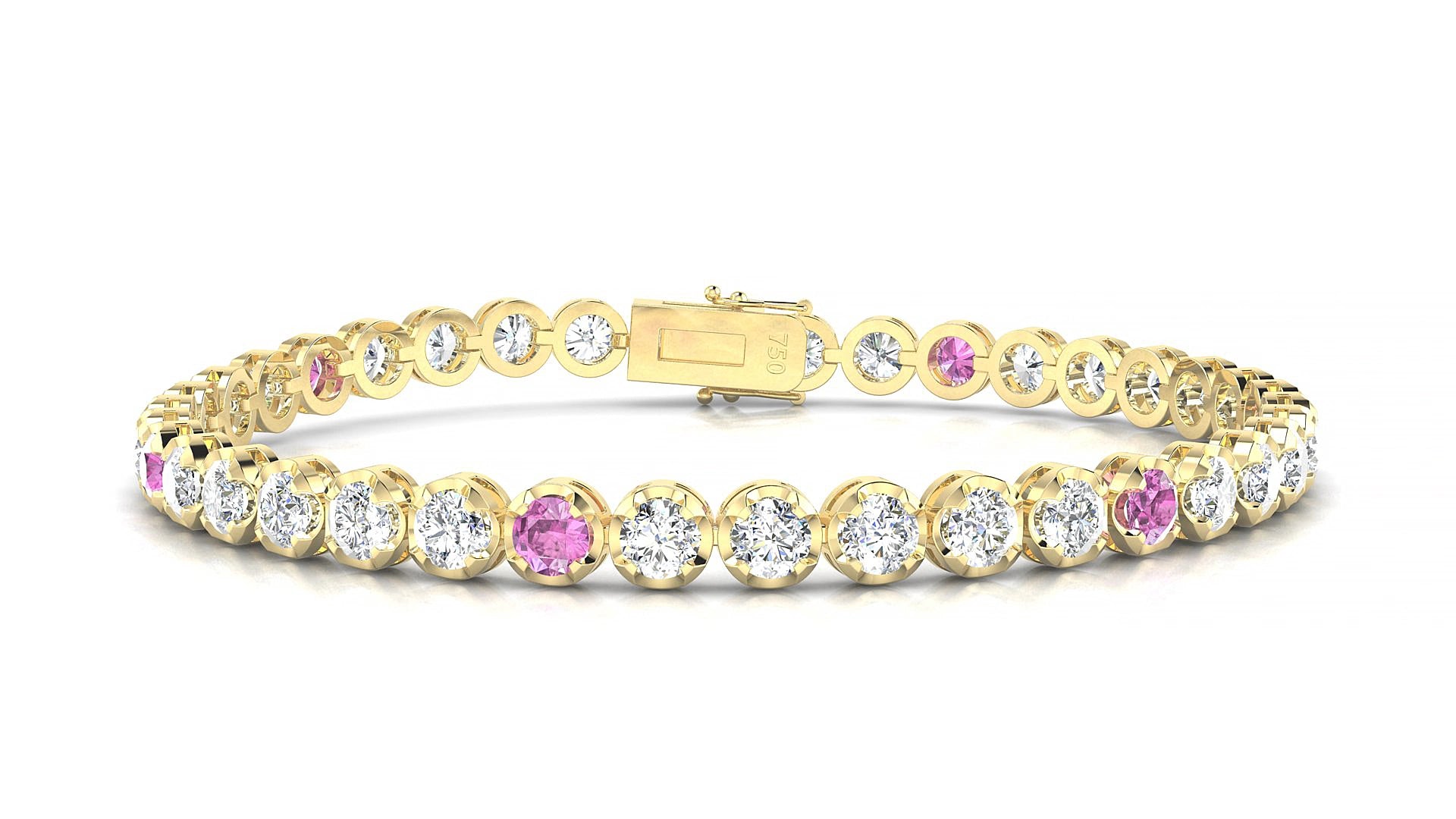 Bengal 1-5 | 18k Yellow Gold 3.4 mm Round Natural Pink Sapphire & Diamond 19 cm Tennis Bracelet