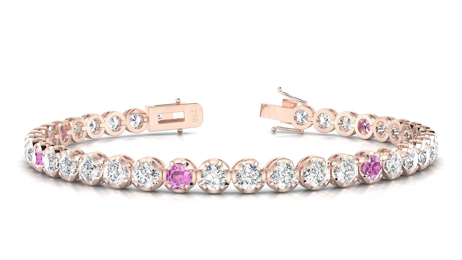 Bengal 1-5 | 18k Rose Gold 3.4 mm Round Natural Pink Sapphire & Diamond 15 cm Tennis Bracelet