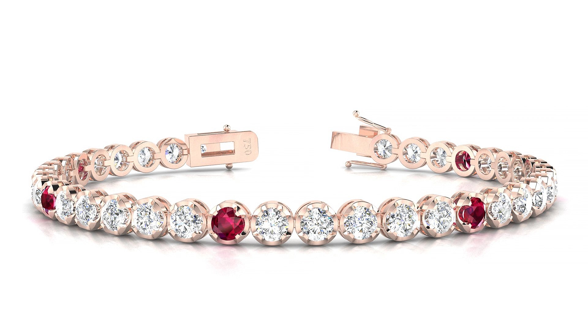 Bengal 1-5 | 18k Rose Gold 3.4 mm Round Natural Ruby & Diamond 17 cm Tennis Bracelet