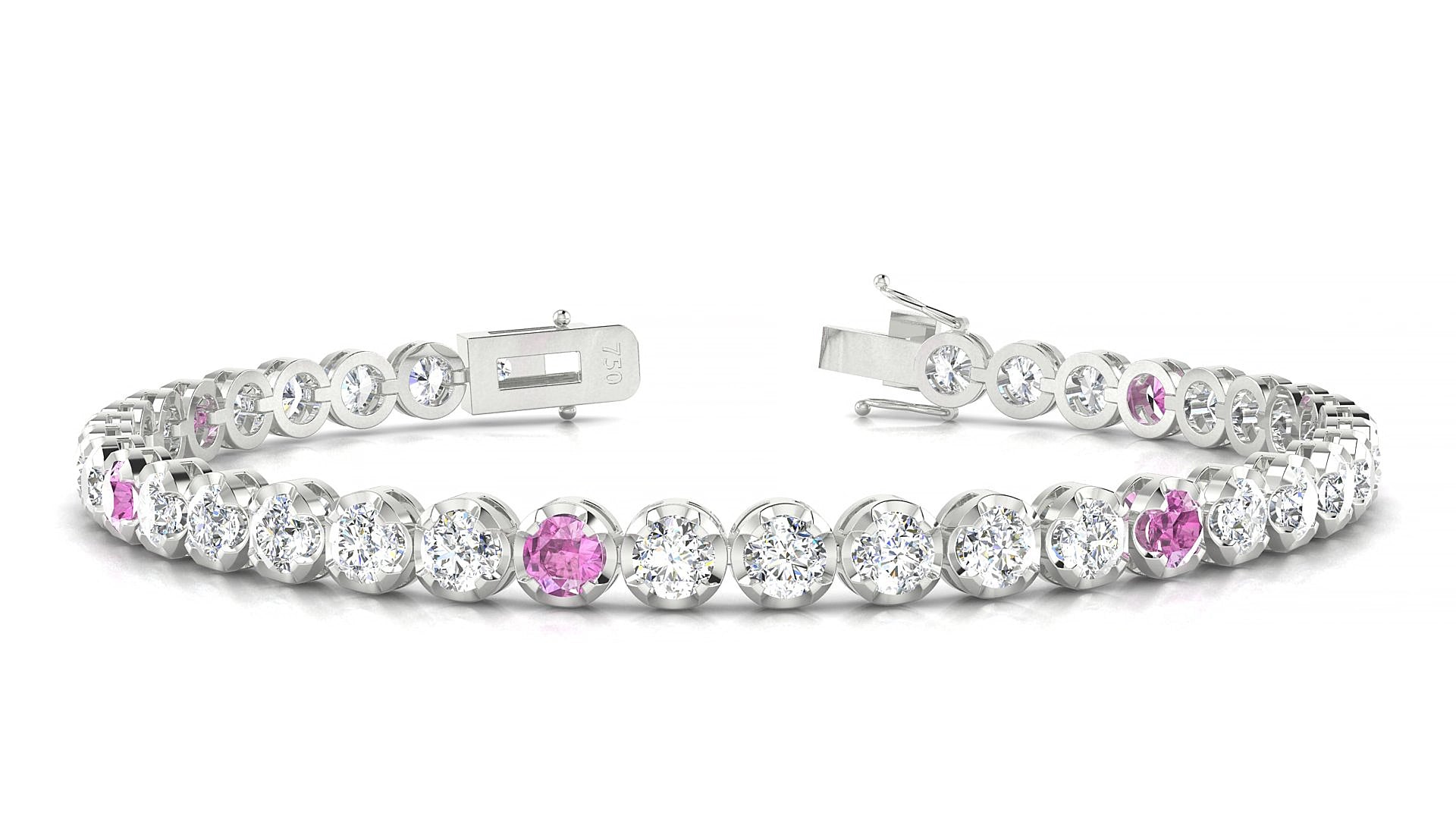 Bengal 1-5 | 18k White Gold 3.4 mm Round Natural Pink Sapphire & Diamond 19 cm Tennis Bracelet