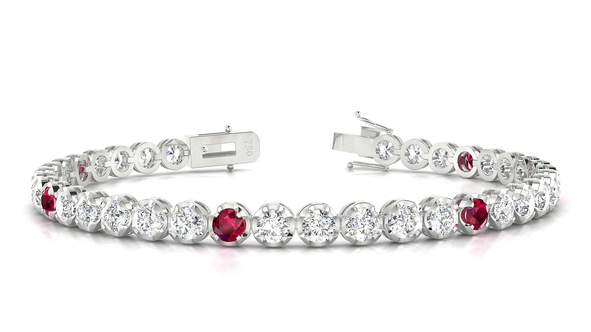 Bengal 1-5 | 18k White Gold 3.4 mm Round Natural Ruby & Diamond Tennis Bracelet