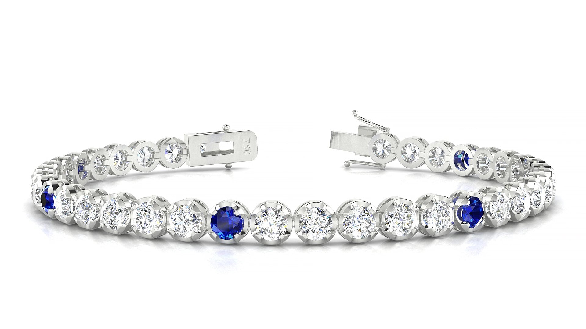 Bengal 1-5 | 18k White Gold 3.4 mm Round Natural Sapphire & Diamond 15 cm Tennis Bracelet