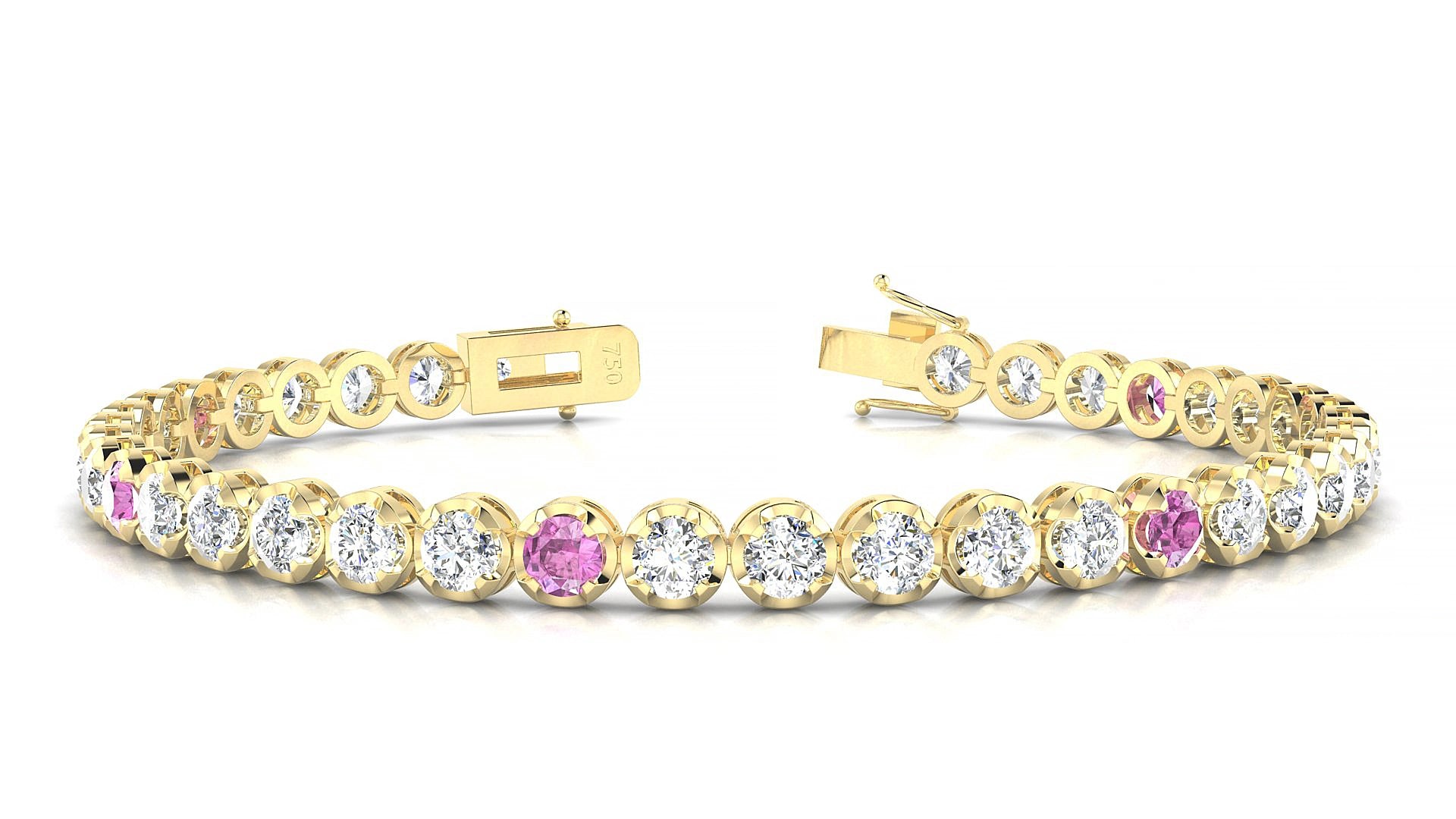 Bengal 1-5 | 18k Yellow Gold 3.4 mm Round Natural Pink Sapphire & Diamond 19 cm Tennis Bracelet