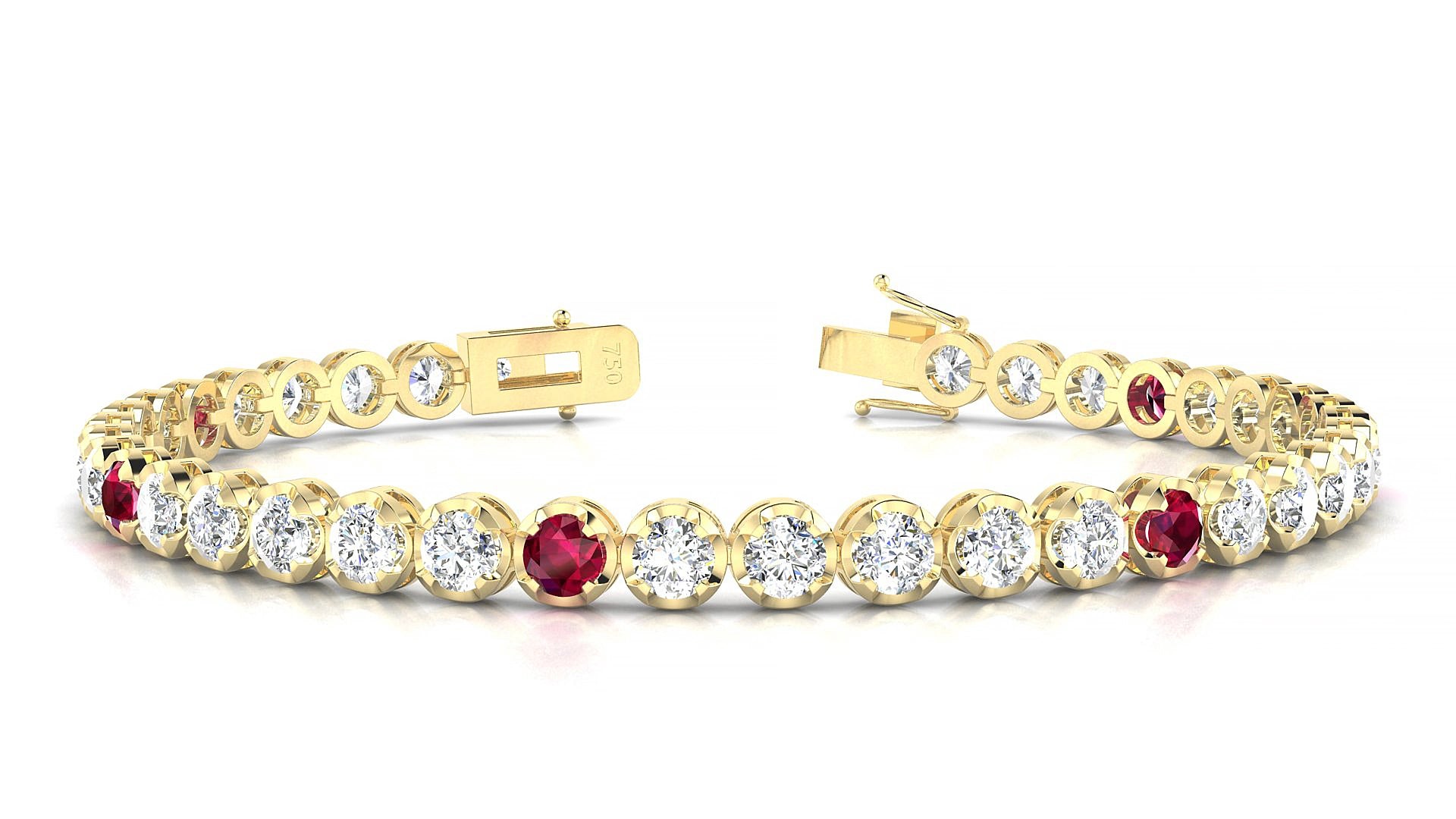 Bengal 1-5 | 18k Yellow Gold 3.4 mm Round Natural Ruby & Diamond 17 cm Tennis Bracelet