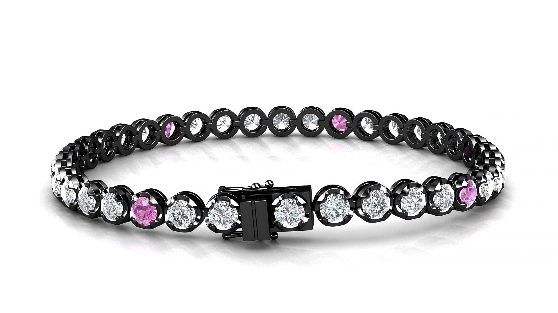 Bengal 1-5 | 18k Black Gold 3.4 mm Round Natural Pink Sapphire & Diamond 15 cm Tennis Bracelet