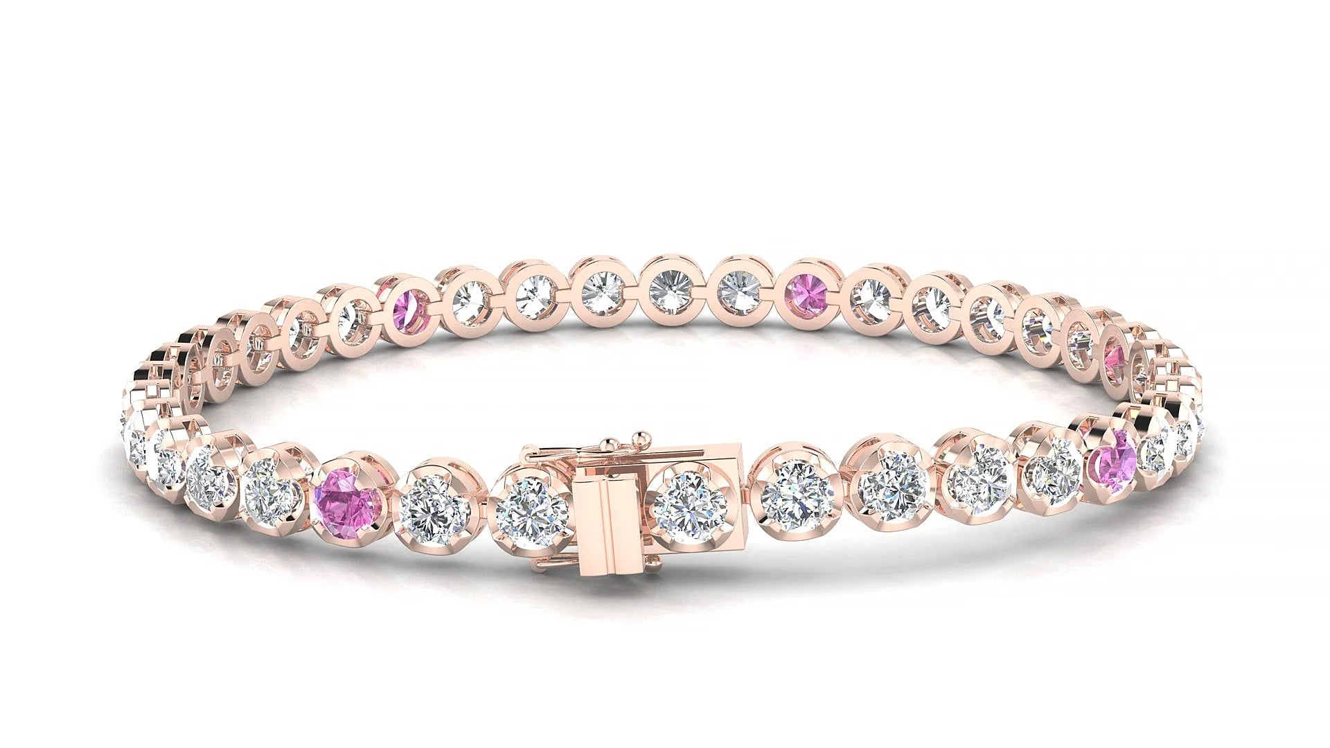 Bengal 1-5 | 18k Rose Gold 3.4 mm Round Natural Pink Sapphire & Diamond Tennis Bracelet