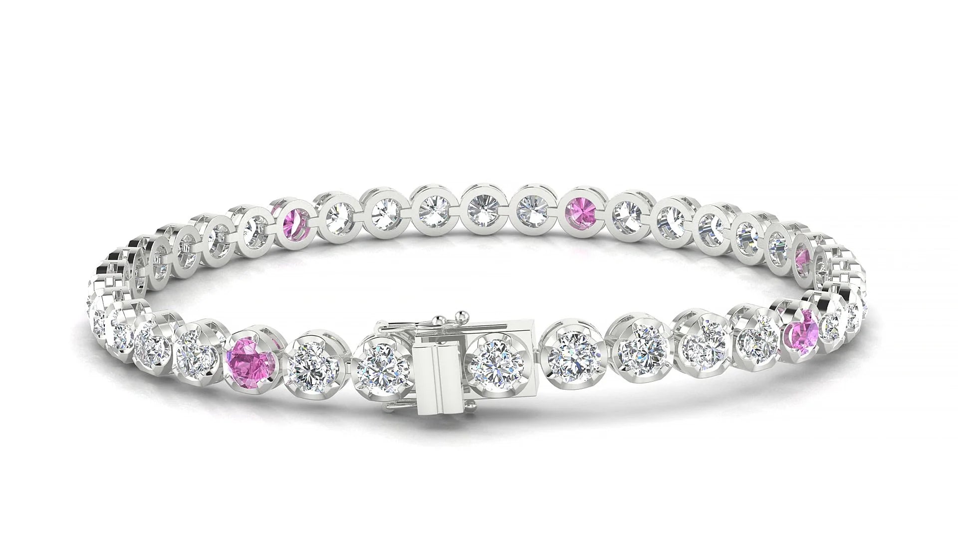 Bengal 1-5 | 18k White Gold 3.4 mm Round Natural Pink Sapphire & Diamond Tennis Bracelet