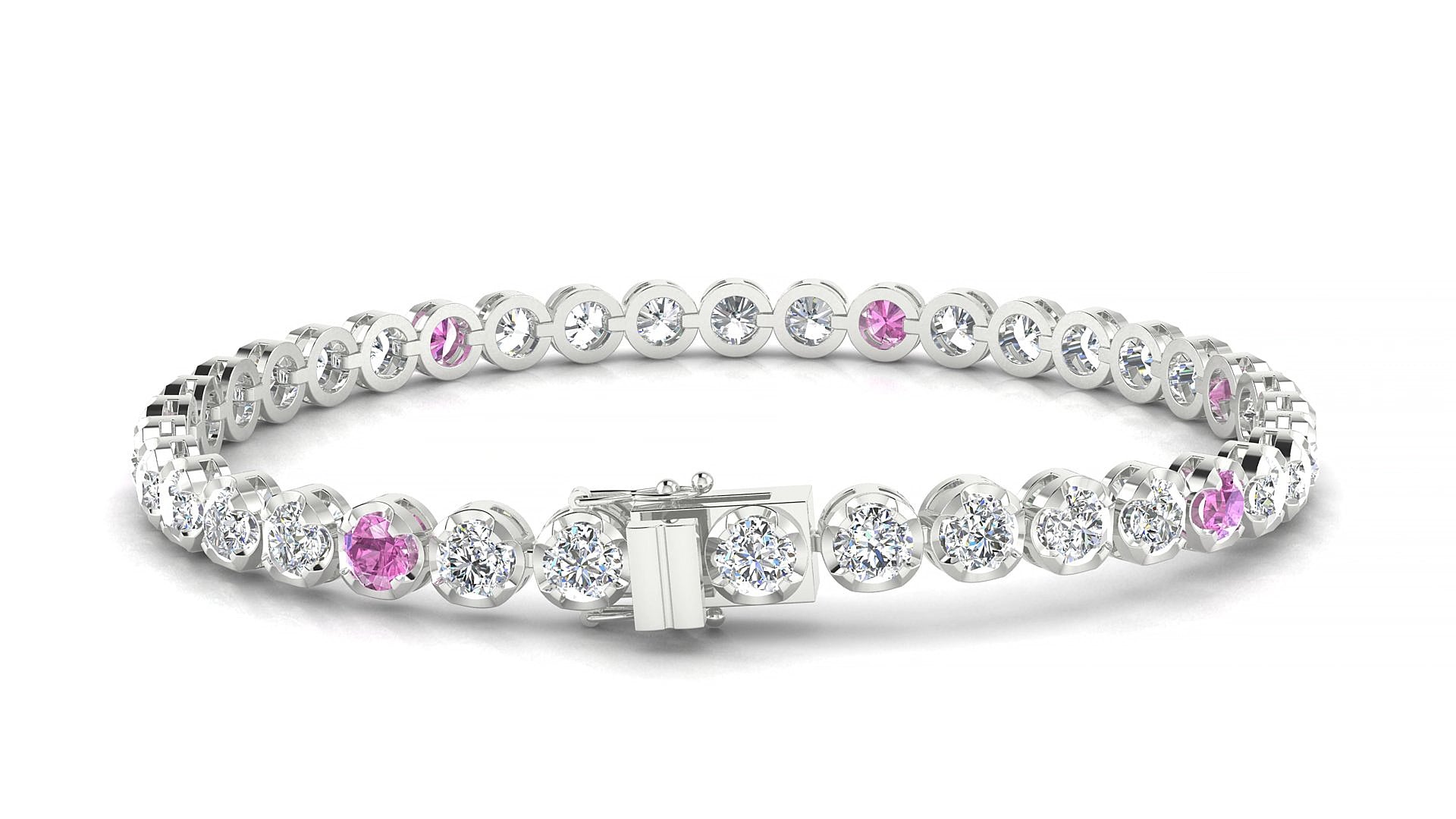 Bengal 1-5 | 18k White Gold 3.4 mm Round Natural Pink Sapphire & Diamond 19 cm Tennis Bracelet
