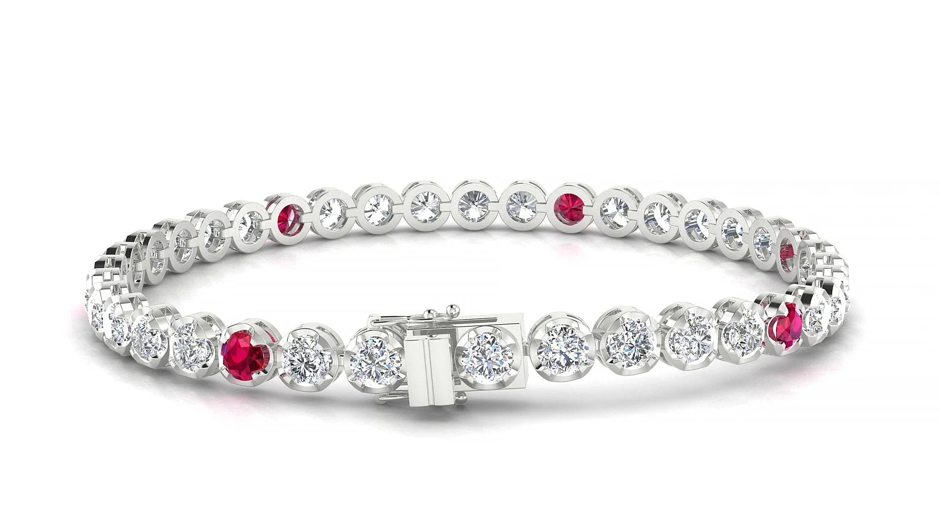 Bengal 1-5 | 18k White Gold 3.4 mm Round Natural Ruby & Diamond Tennis Bracelet