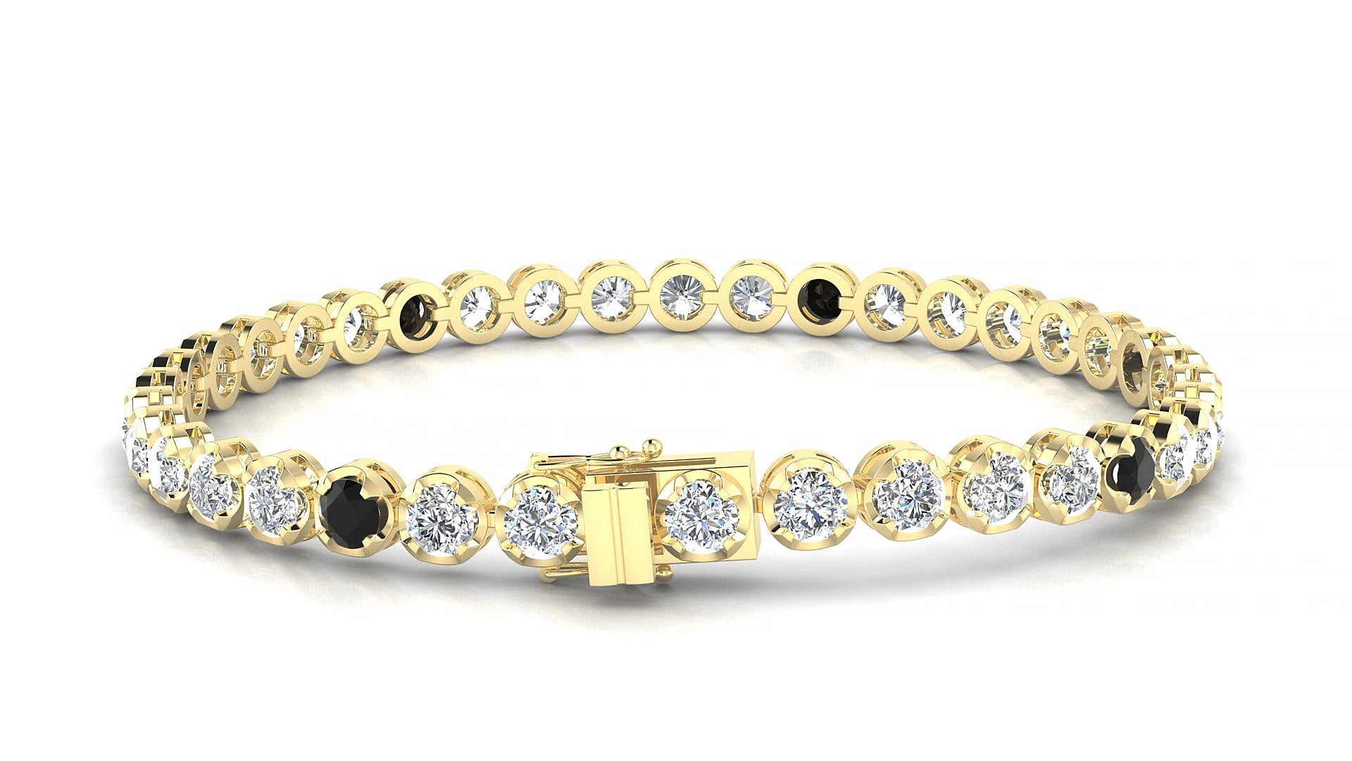 Bengal 1-5 | 18k Yellow Gold 3.4 mm Round Natural Black Diamond & Diamond 16 cm Tennis Bracelet