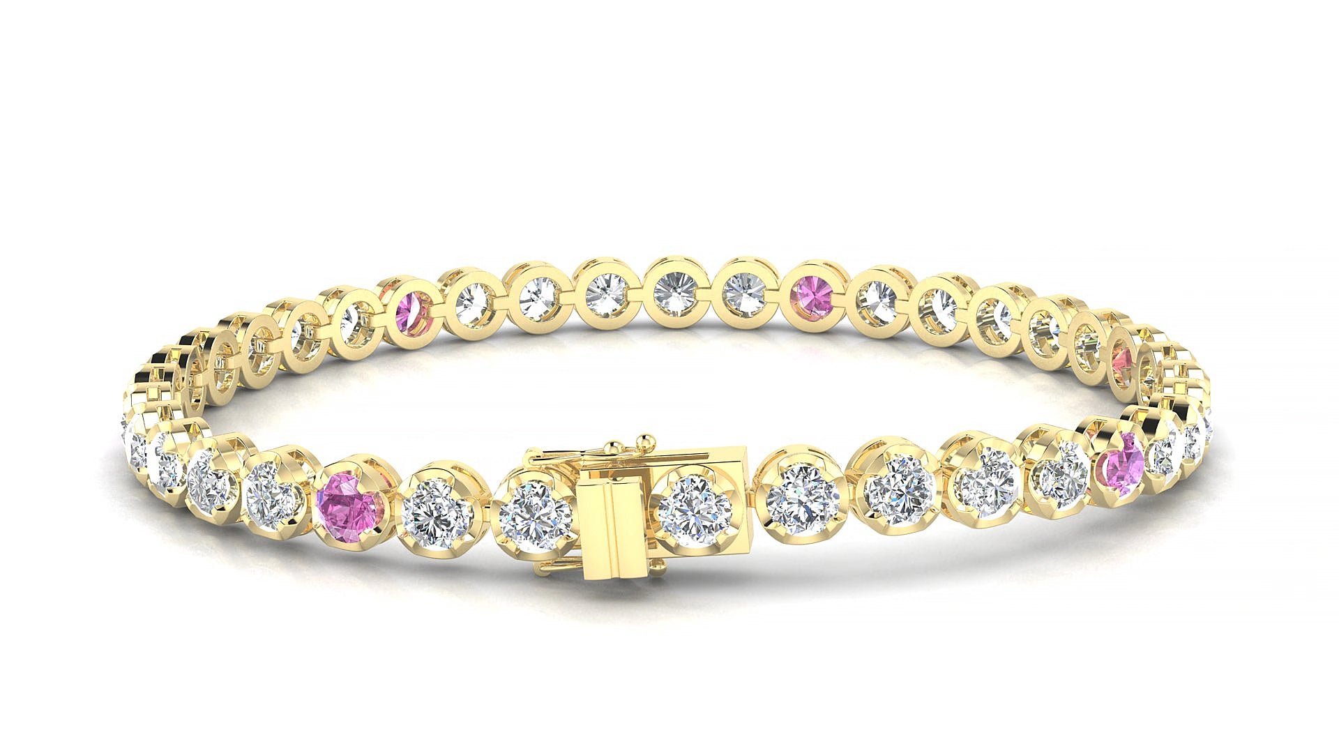 Bengal 1-5 | 18k Yellow Gold 3.4 mm Round Natural Pink Sapphire & Diamond 19 cm Tennis Bracelet