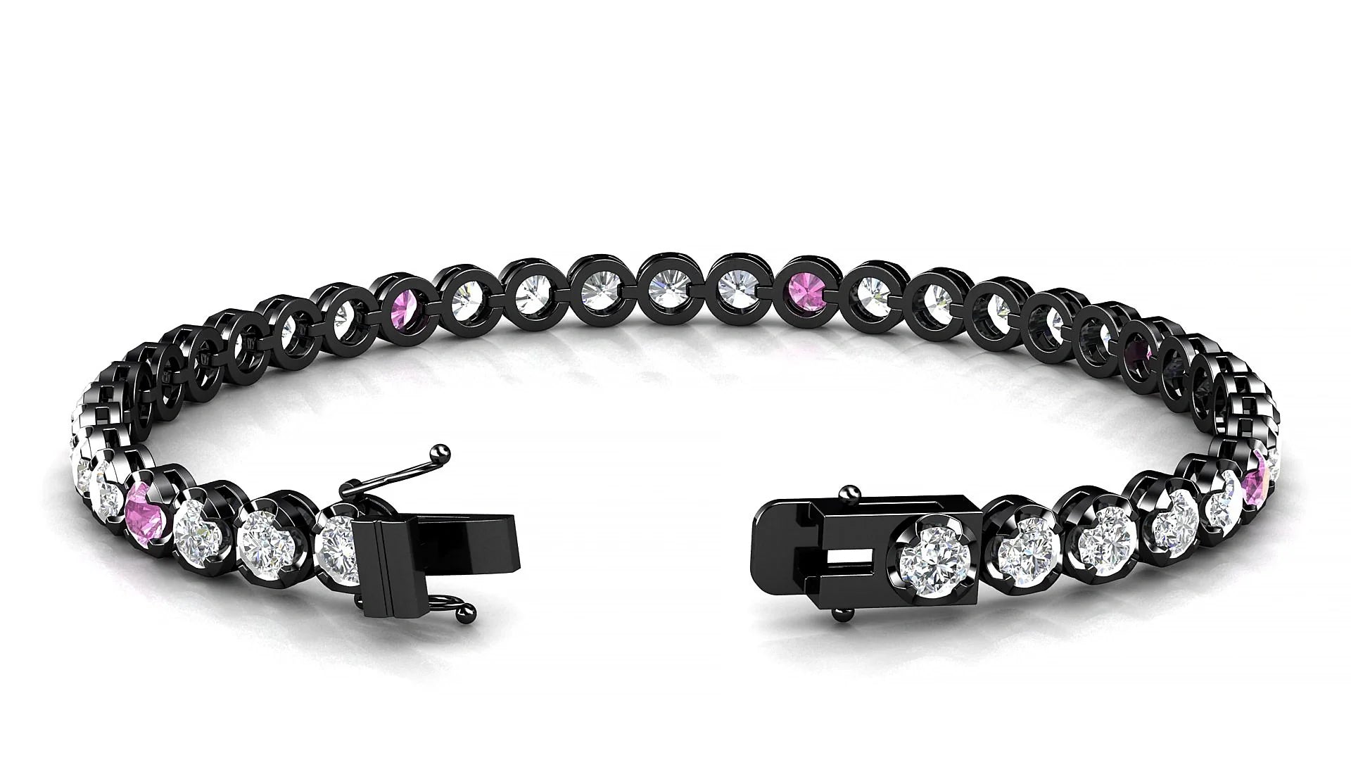 Bengal 1-5 | 18k Black Gold 3.4 mm Round Natural Pink Sapphire & Diamond Tennis Bracelet