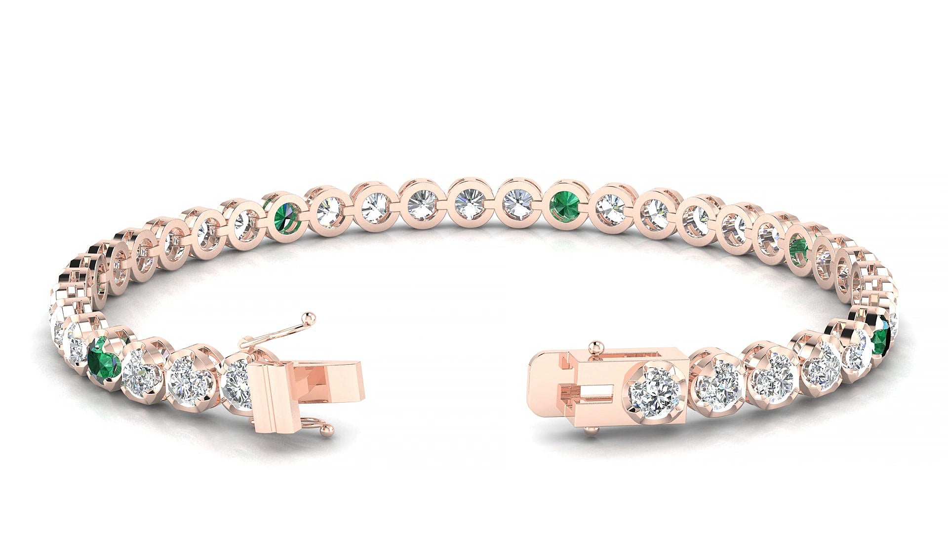 Bengal 1-5 | 18k Rose Gold 3.4 mm Round Natural Emerald & Diamond 15 cm Tennis Bracelet