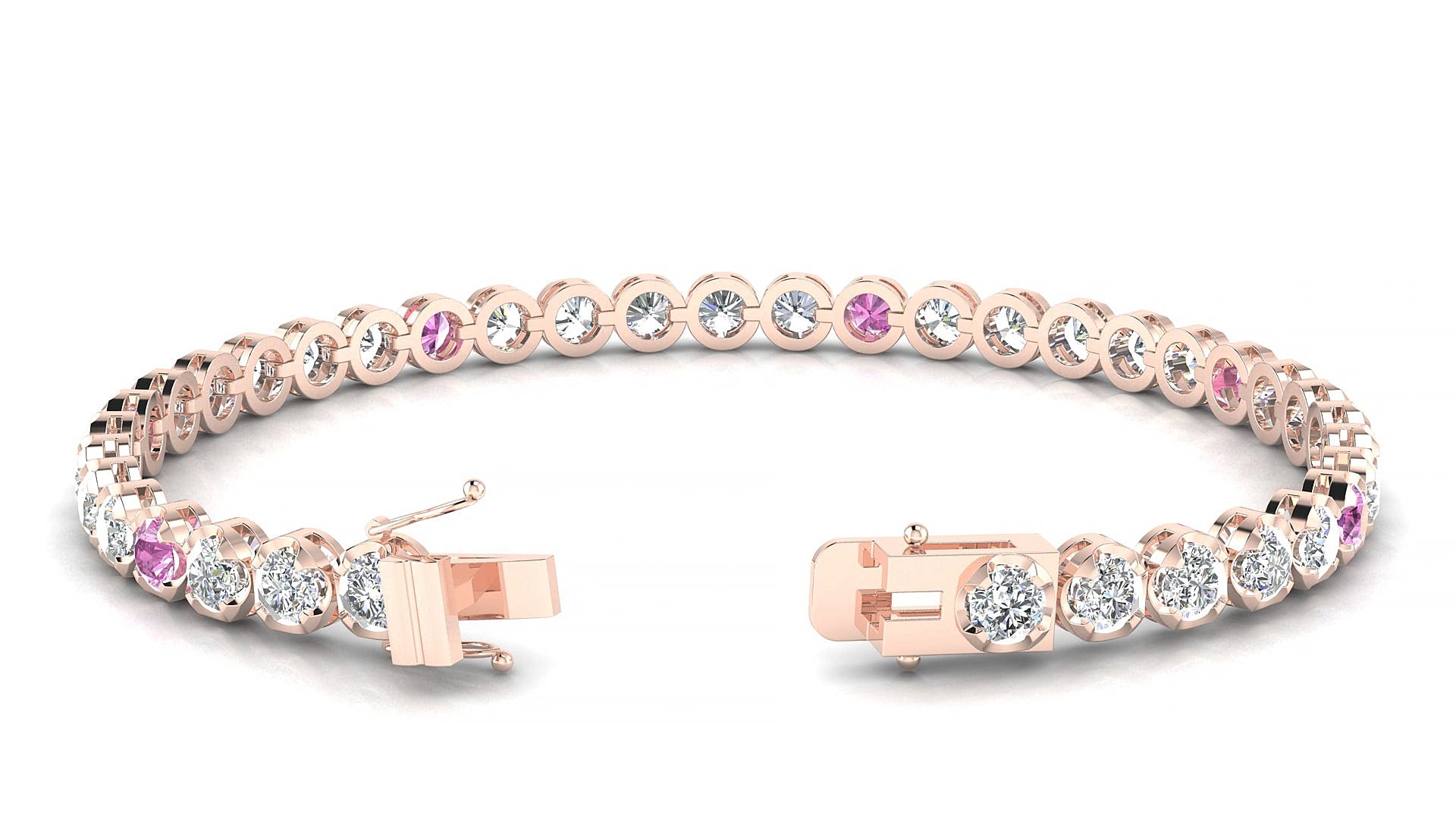 Bengal 1-5 | 18k Rose Gold 3.4 mm Round Natural Pink Sapphire & Diamond 17 cm Tennis Bracelet
