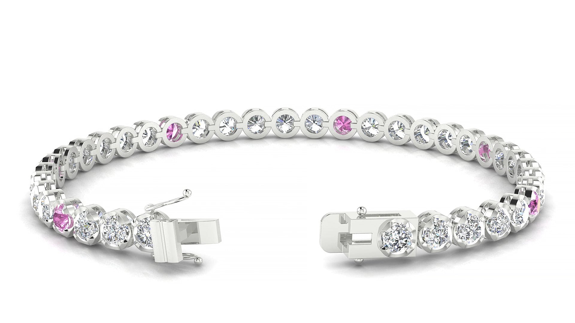 Bengal 1-5 | 18k White Gold 3.4 mm Round Natural Pink Sapphire & Diamond 15 cm Tennis Bracelet